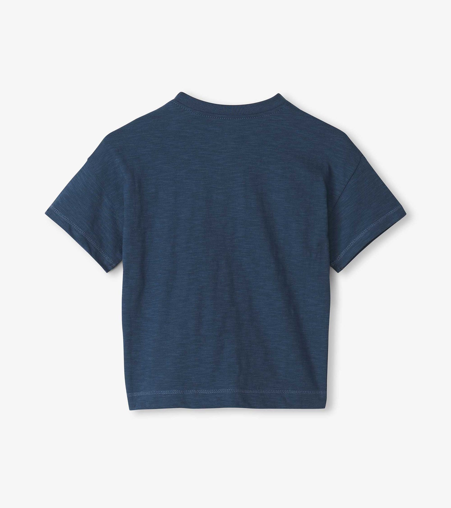 Navy blue slouchy tee for baby and toddler boys, featuring short sleeves and a relaxed fit. Back view shown.