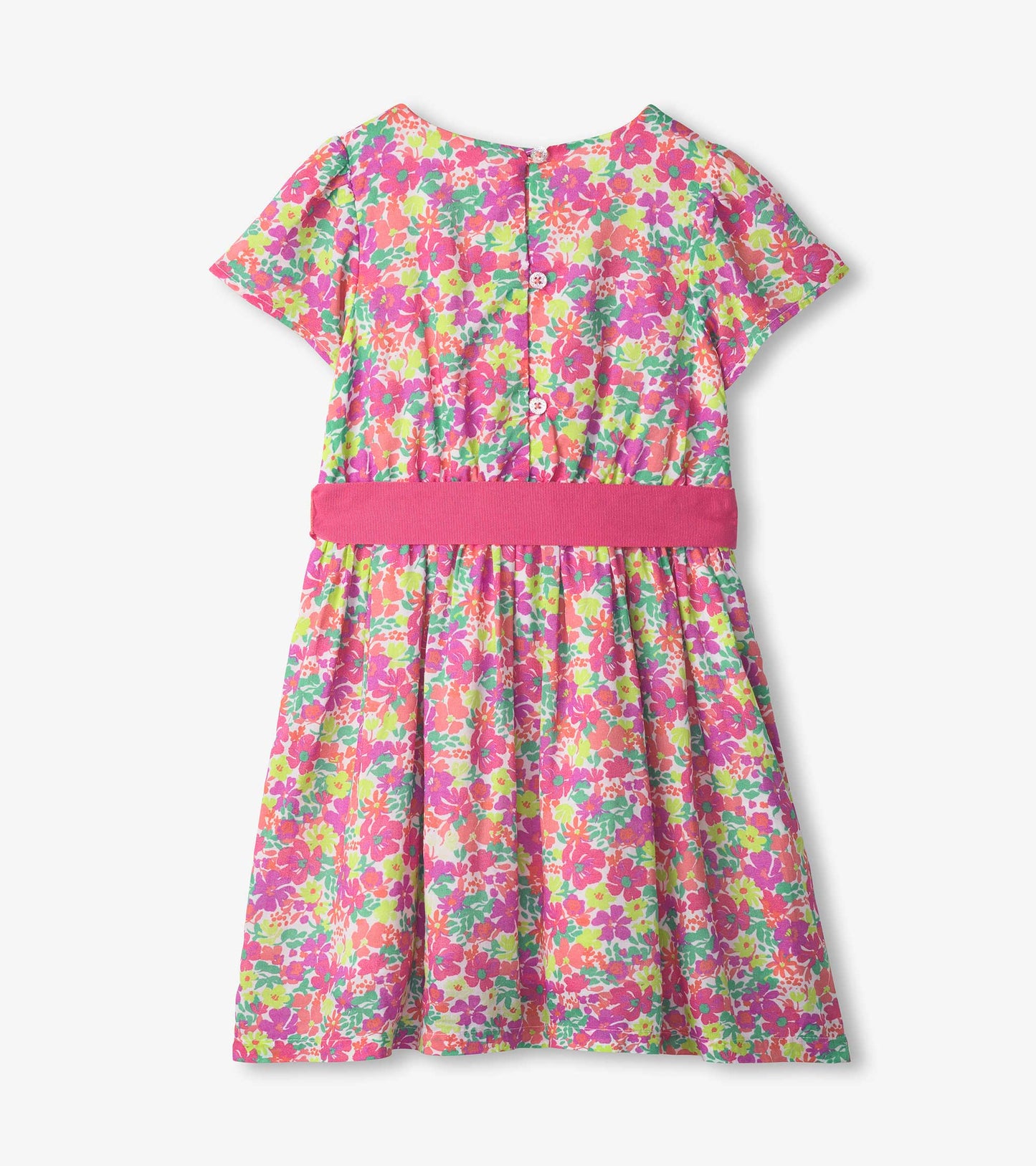 Colorful floral dress with short sleeves, pink waistband, and button closure at the back. Suitable for casual wear.
