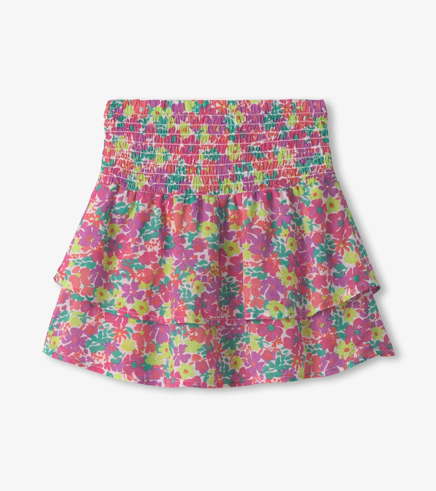 Colorful floral smocked skirt featuring a tiered design in pink, green, and yellow hues. Suitable for girls.