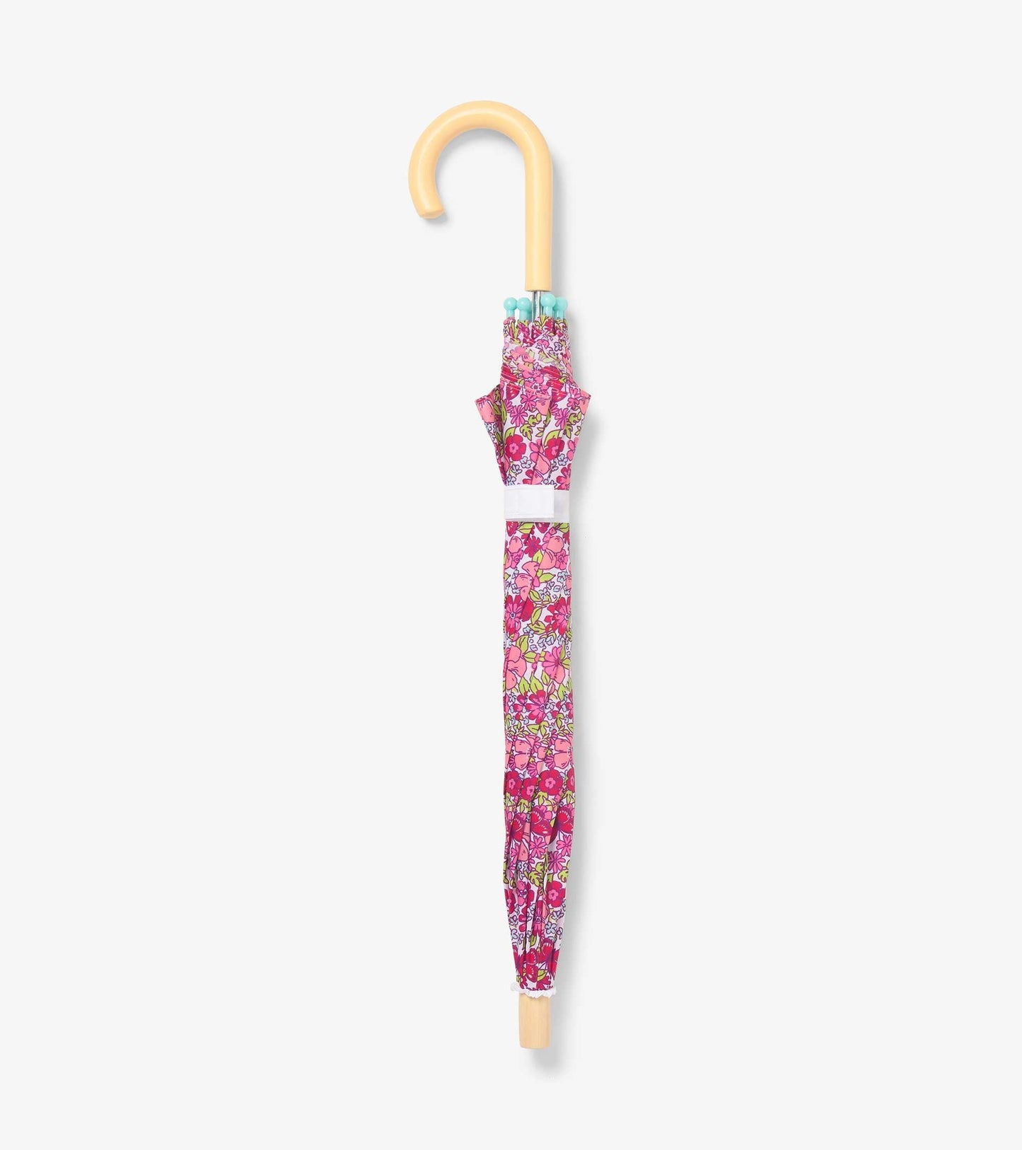 Pink umbrella with a floral pattern, featuring a curved handle and a compact design for kids.