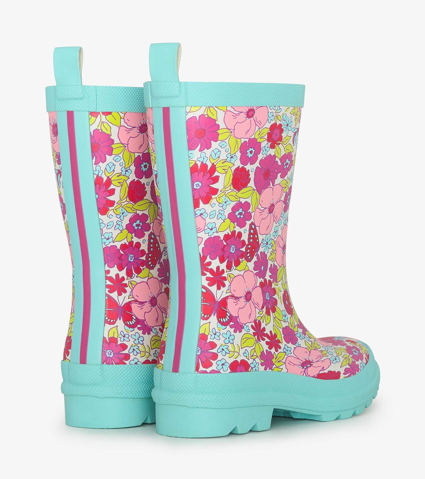Colorful floral matte wellies with a turquoise sole and stripes, designed for kids. View from the back.