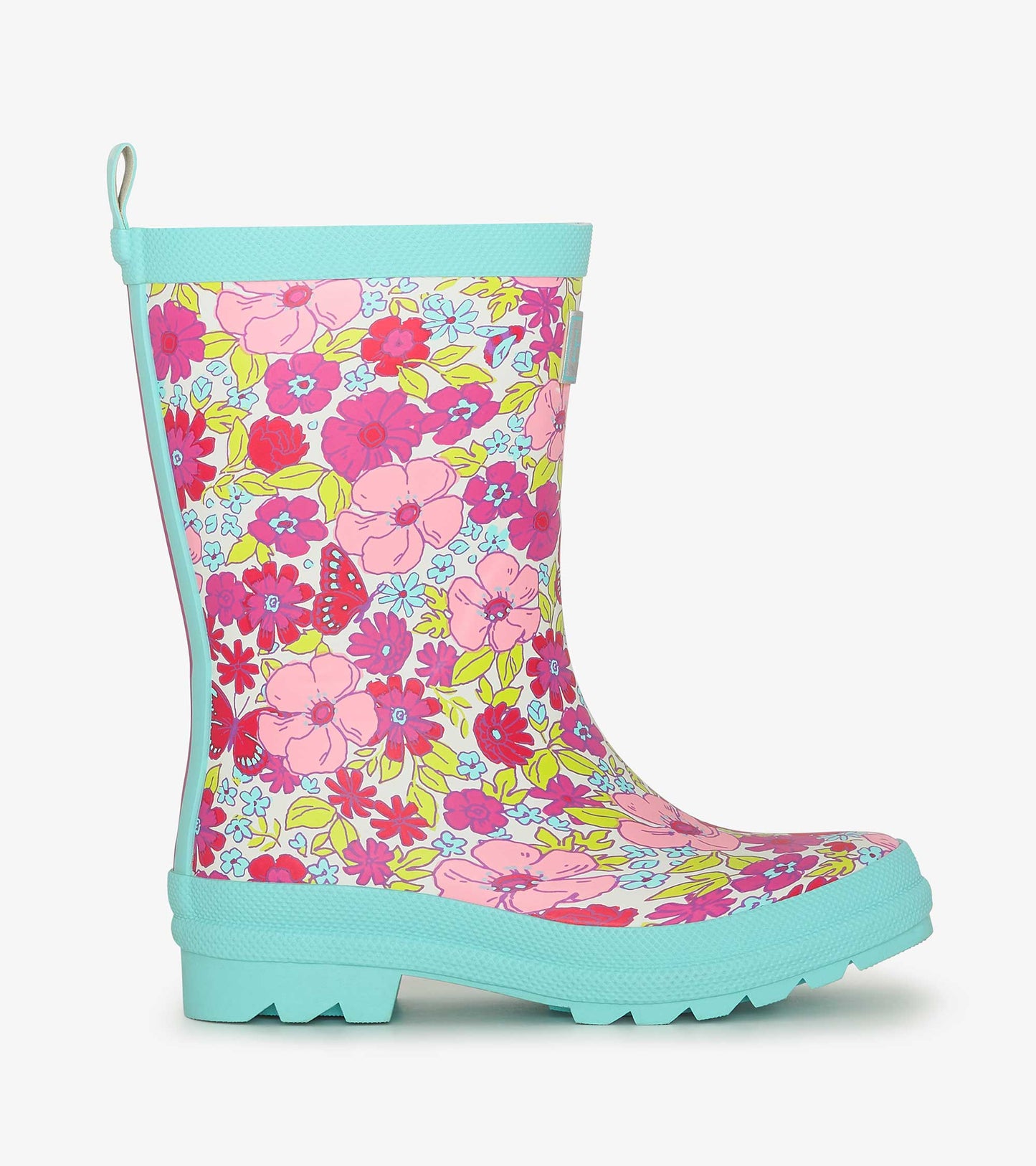 Colorful matte wellies featuring a floral pattern with pink, red, and blue flowers on a light background.