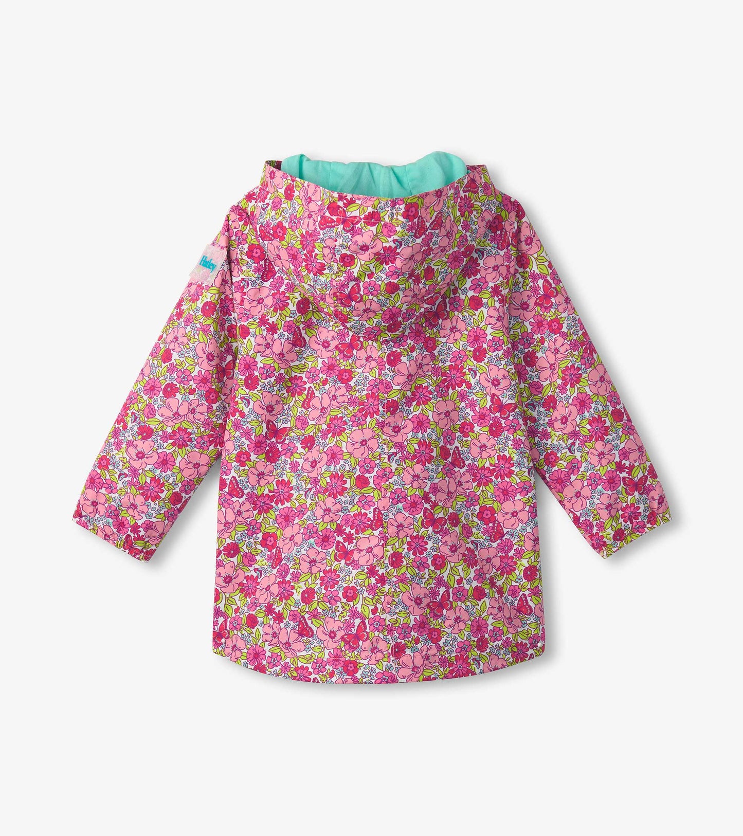 Lightweight zip-up raincoat featuring a vibrant pink floral pattern and a turquoise lining, suitable for girls.