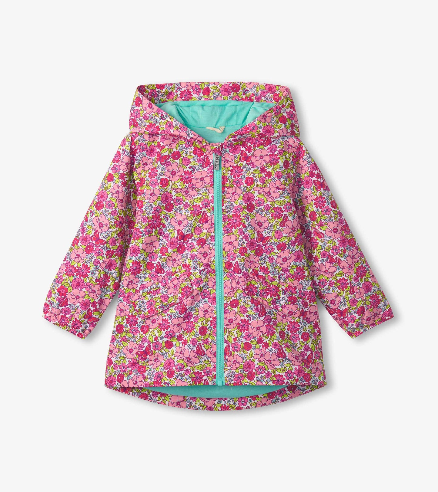 Lightweight zip-up raincoat featuring a vibrant pink floral pattern with a turquoise lining and hood.