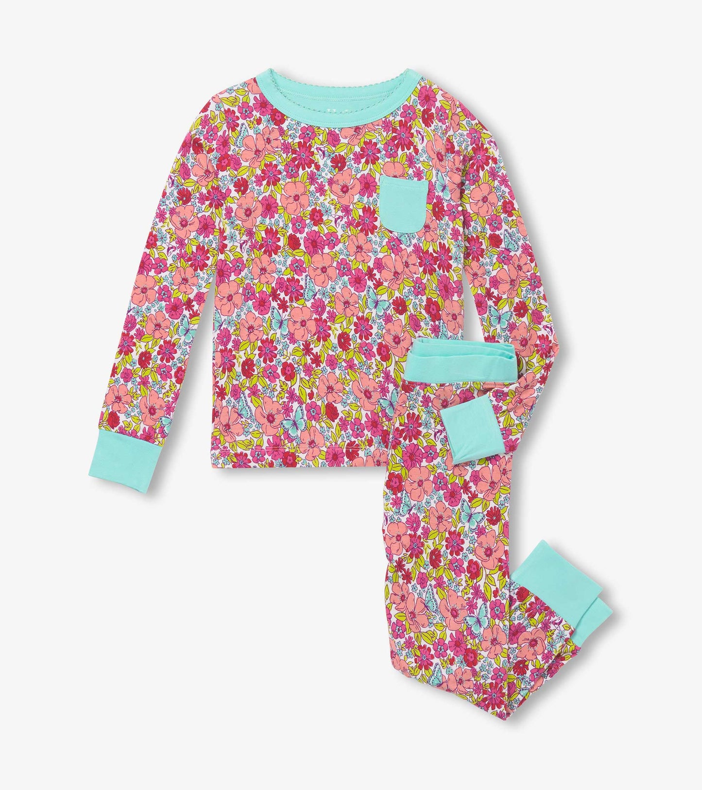Bamboo pyjama set featuring a vibrant floral pattern in pink, red, and blue with mint green accents on cuffs and pocket.