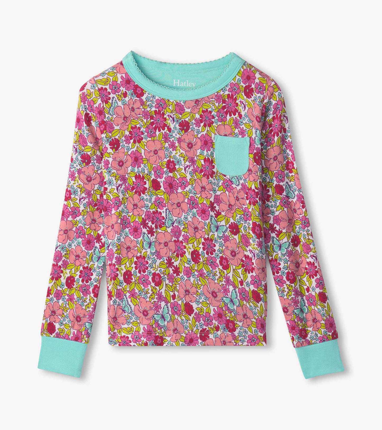 Long-sleeve pyjama top featuring a vibrant floral pattern in pink and green with a light blue pocket and cuffs.