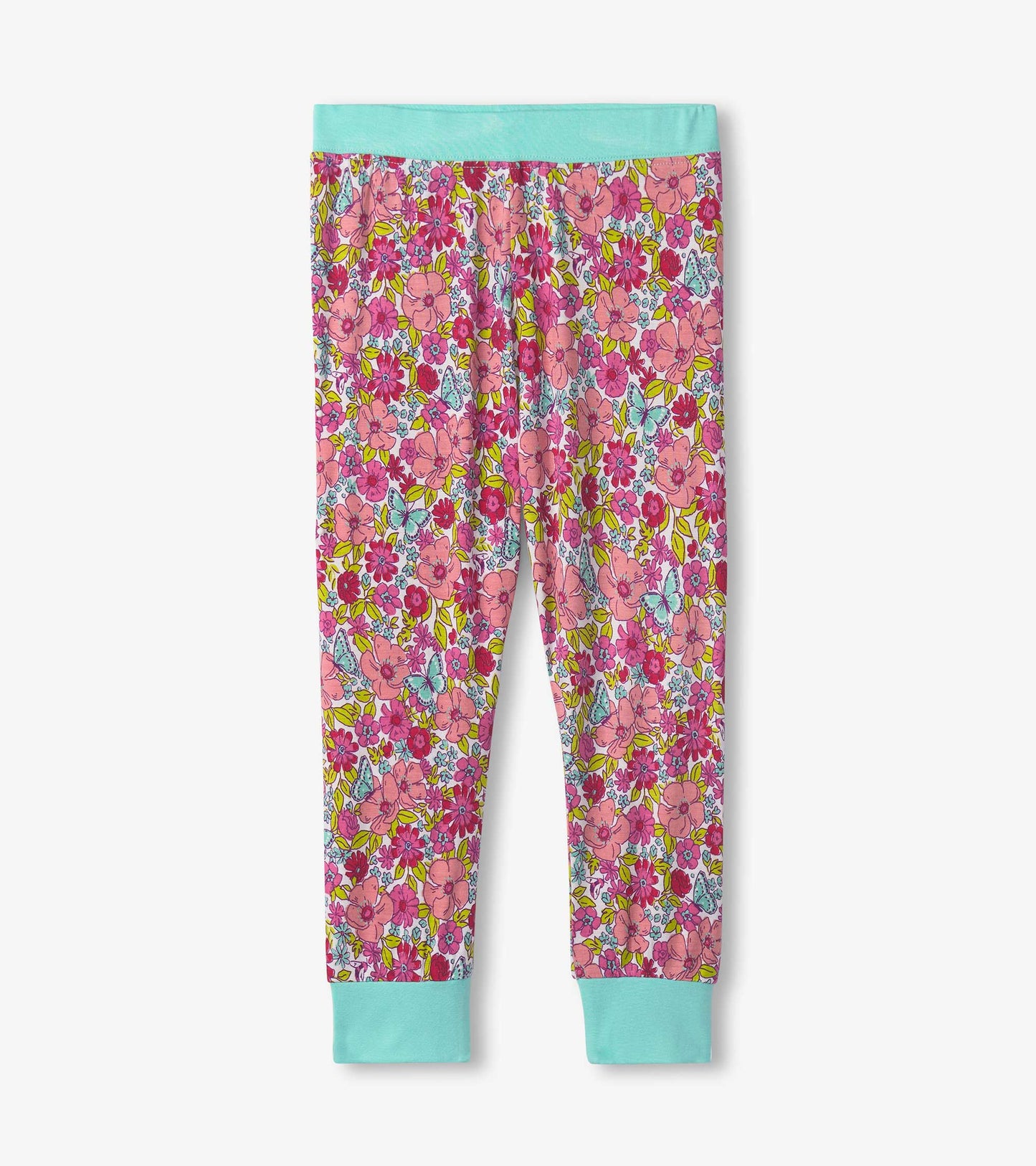 Bamboo pyjama set featuring a vibrant pink floral pattern with turquoise cuffs and waistband.