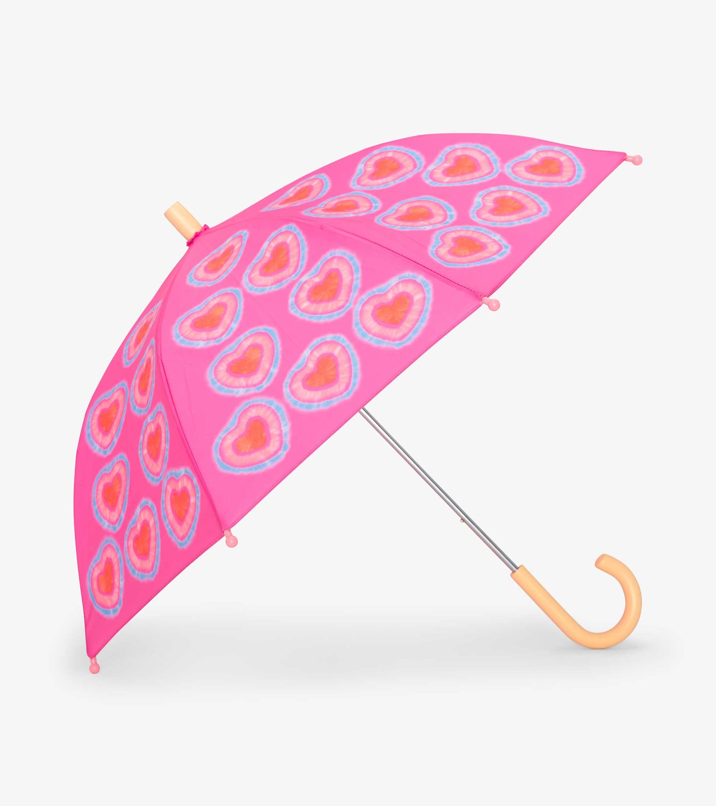 Pink umbrella featuring colorful heart patterns, with a curved handle and metallic frame.