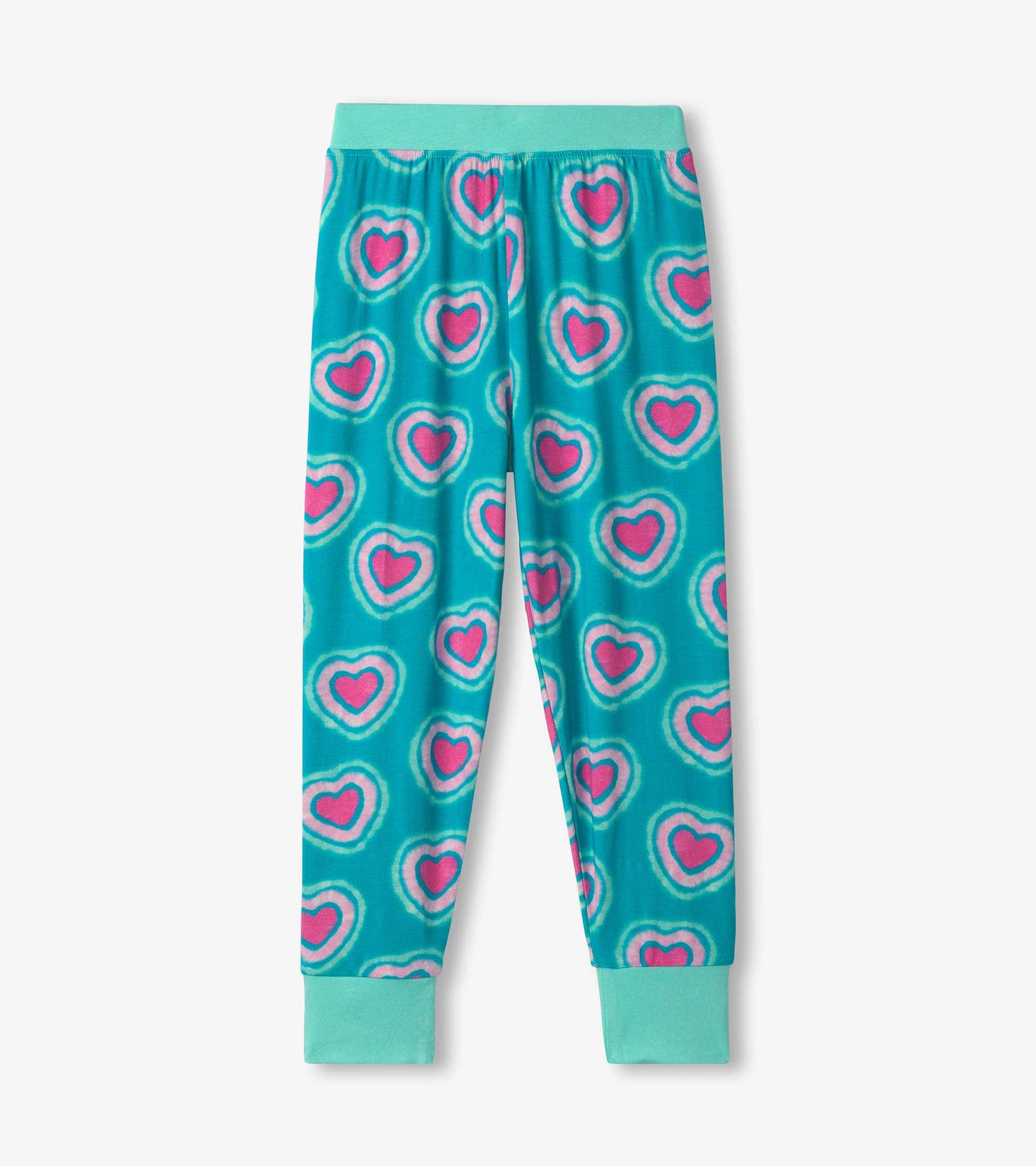 Turquoise bamboo pyjama pants featuring a playful heart pattern in pink and white, with elastic waistband and cuffs.