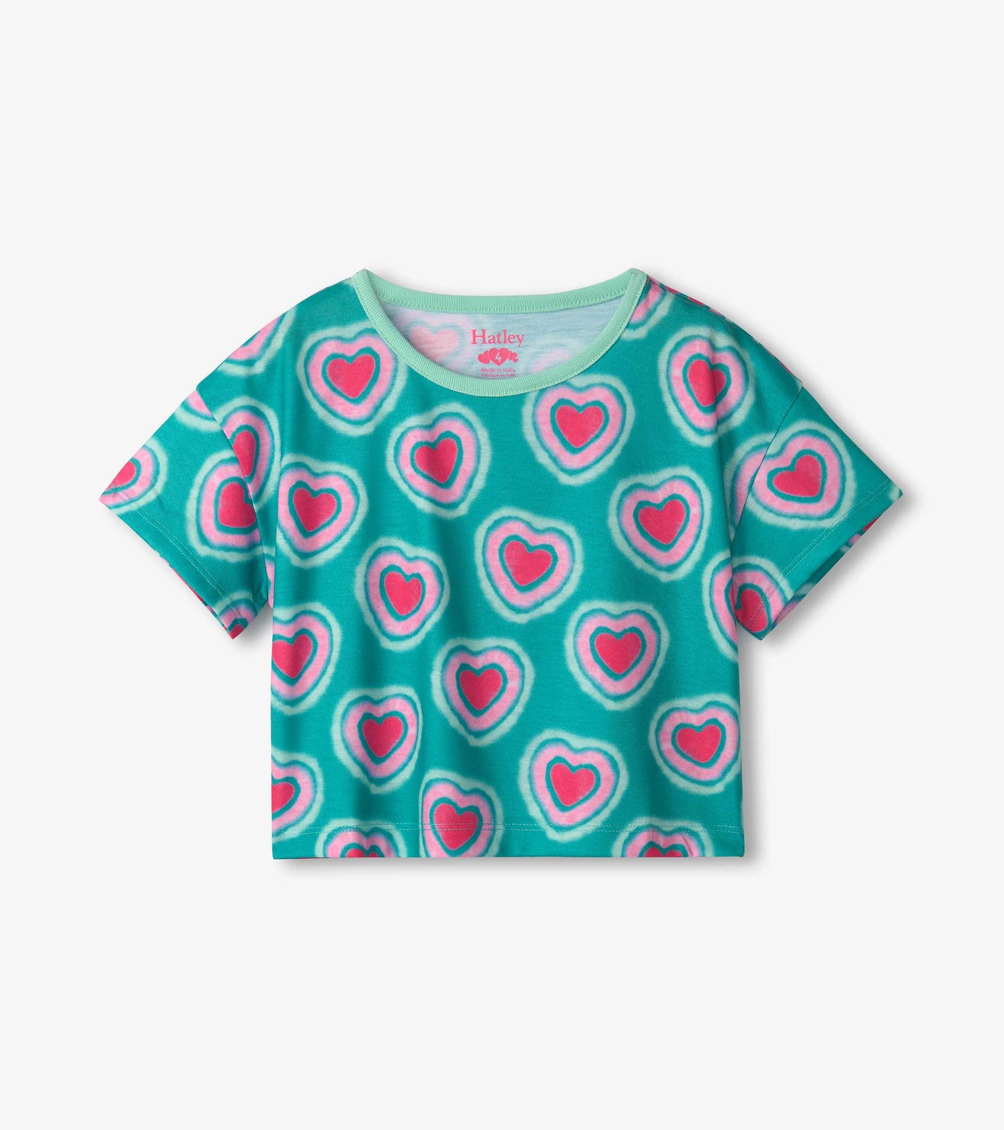 Turquoise short-sleeve tee featuring a colorful heart pattern, perfect for girls' sleepwear.