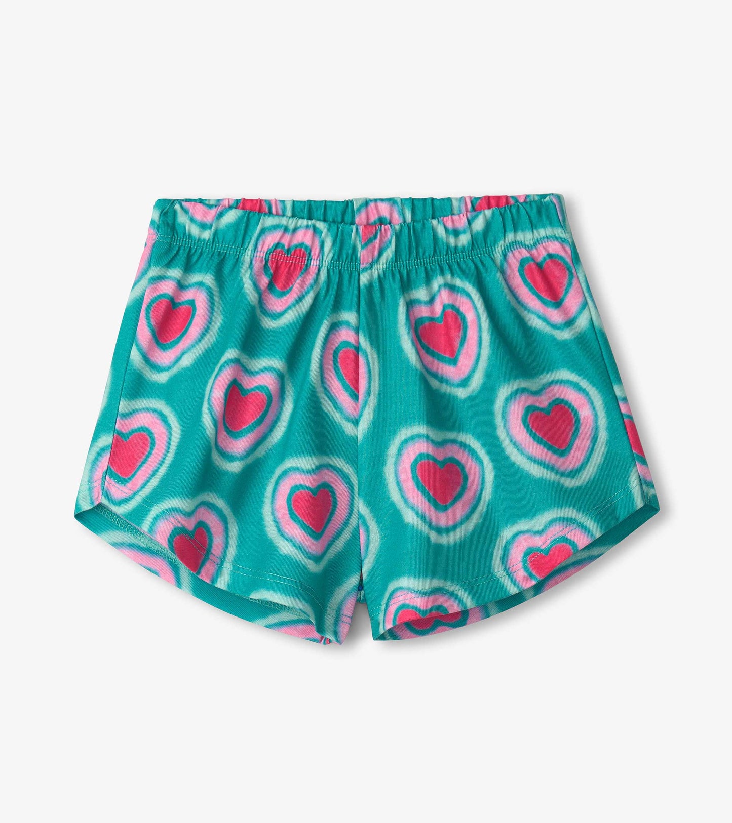 Turquoise shorts with a colorful heart pattern, featuring an elastic waistband for comfort.