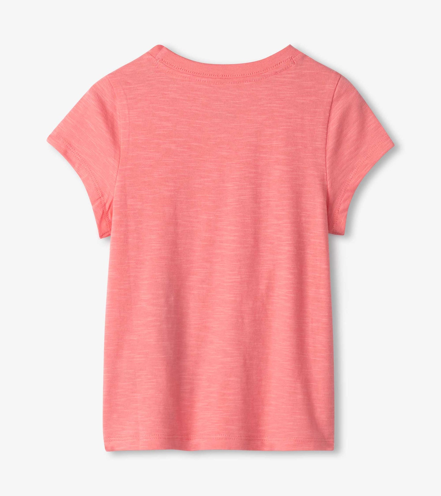 Pink short-sleeve tee featuring a soft texture and a round neckline, designed for girls.