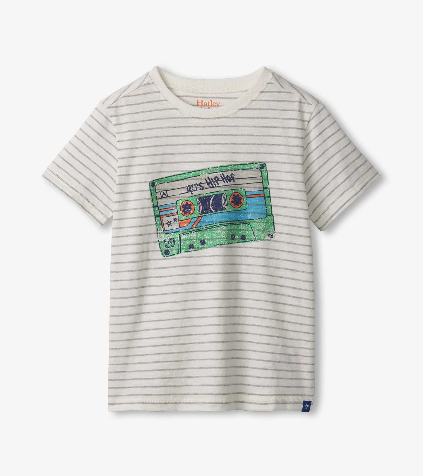 Cream striped short-sleeve tee featuring a colorful cassette tape graphic on the front.