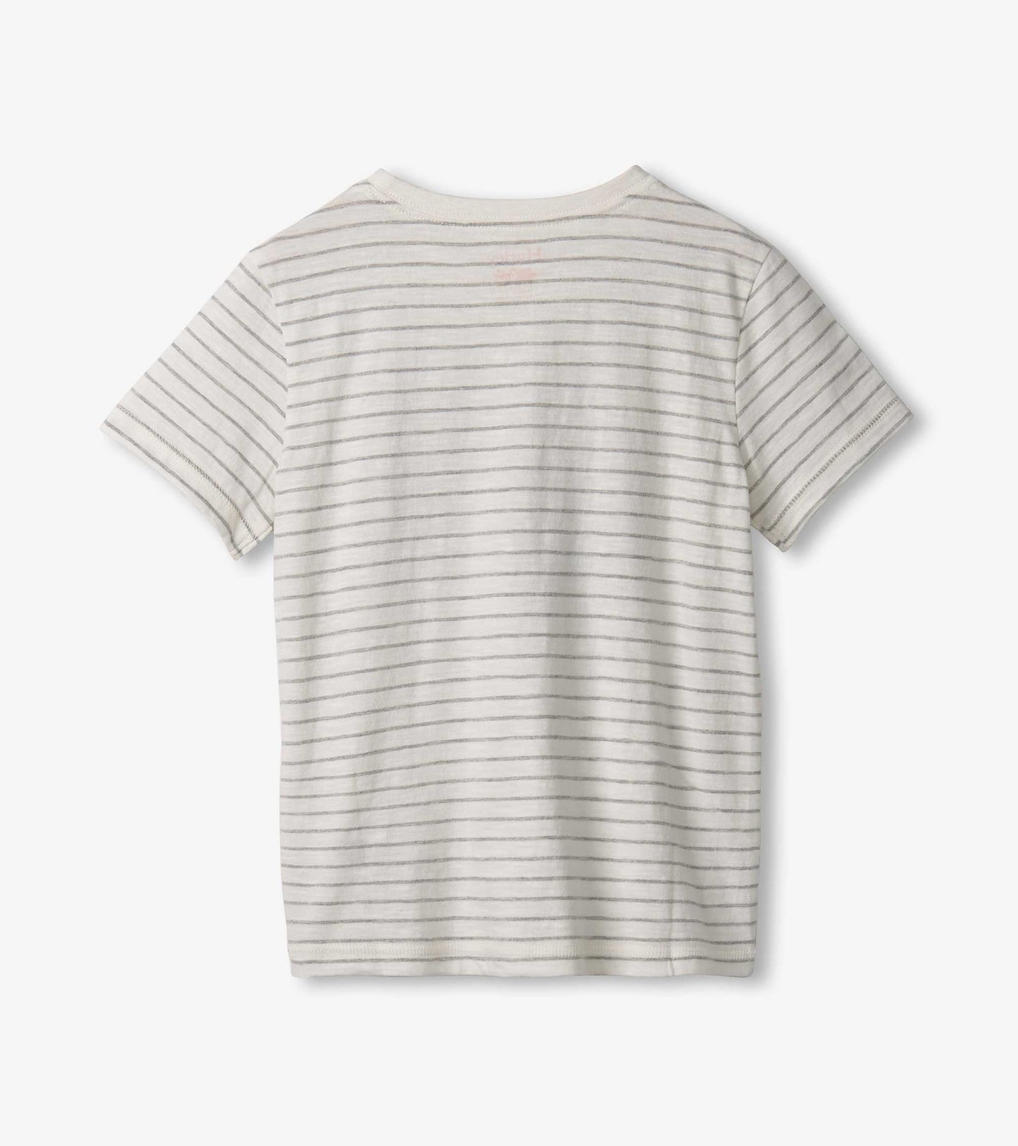 White short-sleeve tee with gray horizontal stripes, featuring a classic crew neckline. View from the back.