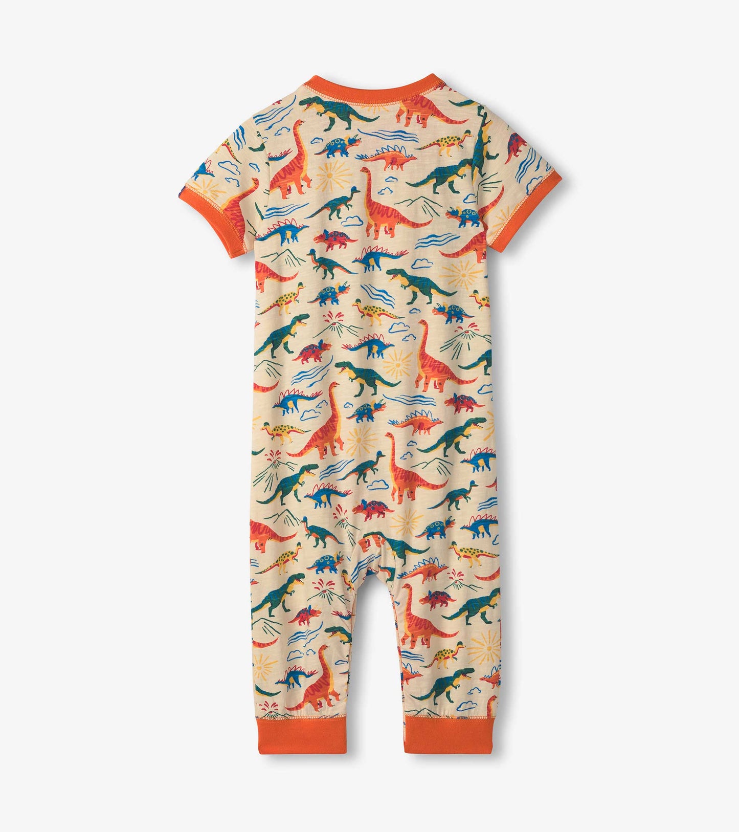 Short-sleeve jersey romper featuring a colorful dinosaur print on a cream background with orange trim.
