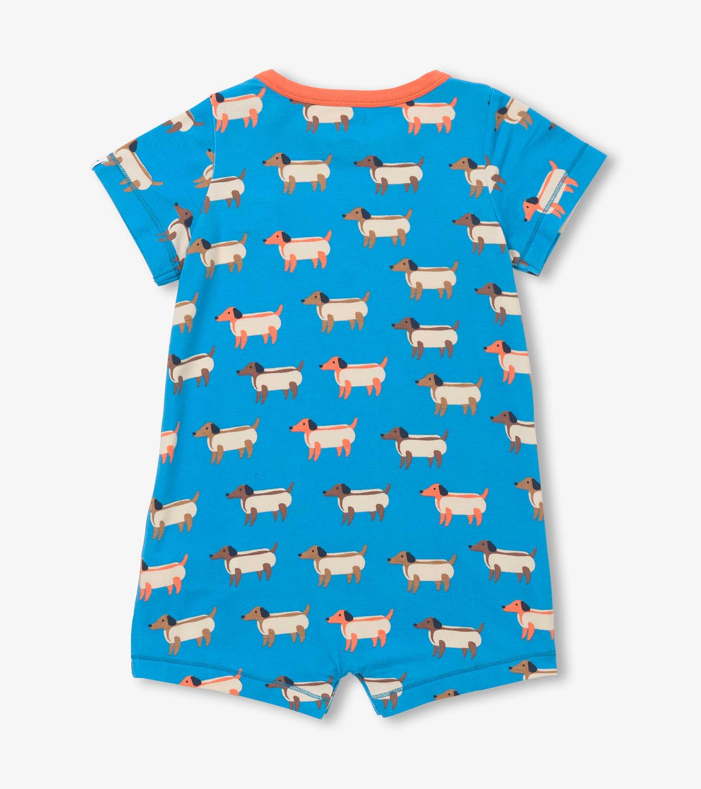 Blue bamboo romper featuring a playful hot dog pattern, short sleeves, and a round neckline.