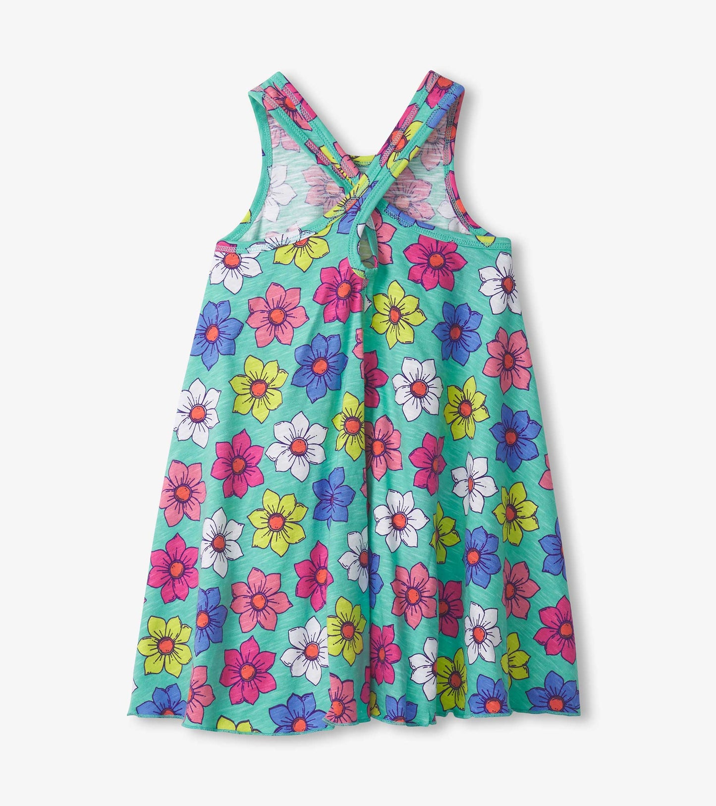 Trapeze dress featuring a vibrant floral pattern in pink, blue, yellow, and white on a teal background.
