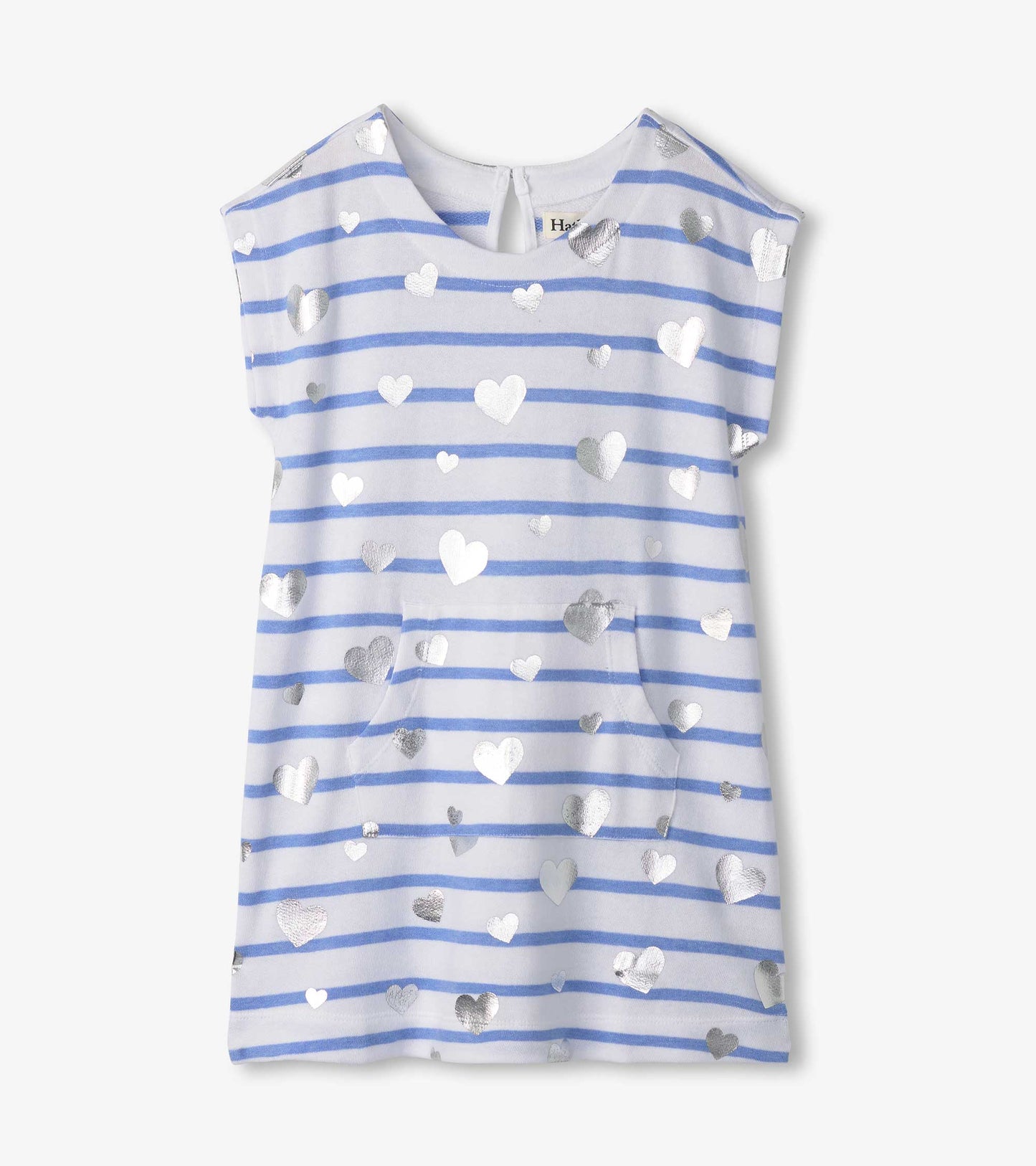 Slouchy dress with blue and white stripes, featuring silver heart patterns and a round neckline.