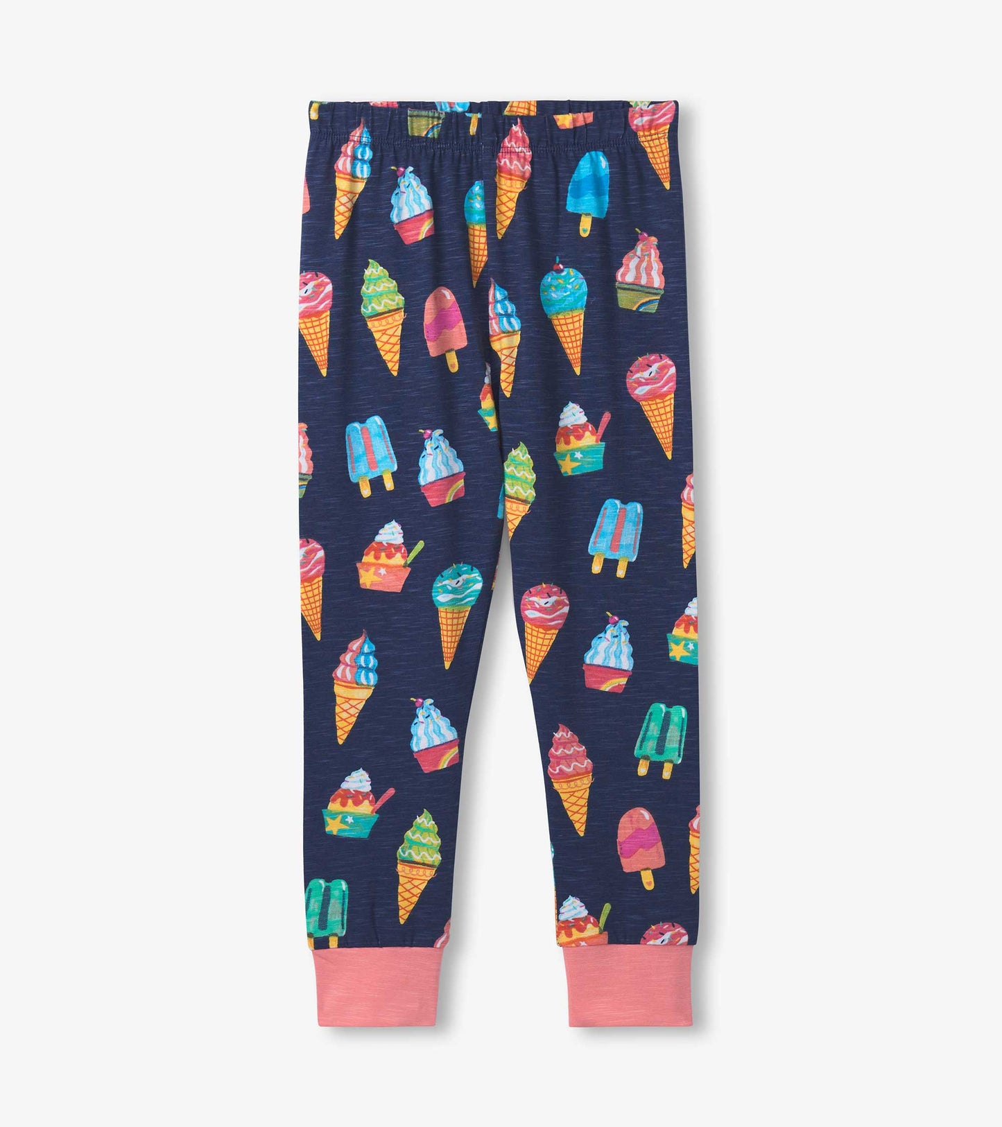 Navy pyjama set featuring colorful ice cream cone and treat patterns, with pink cuffs at the ankles.
