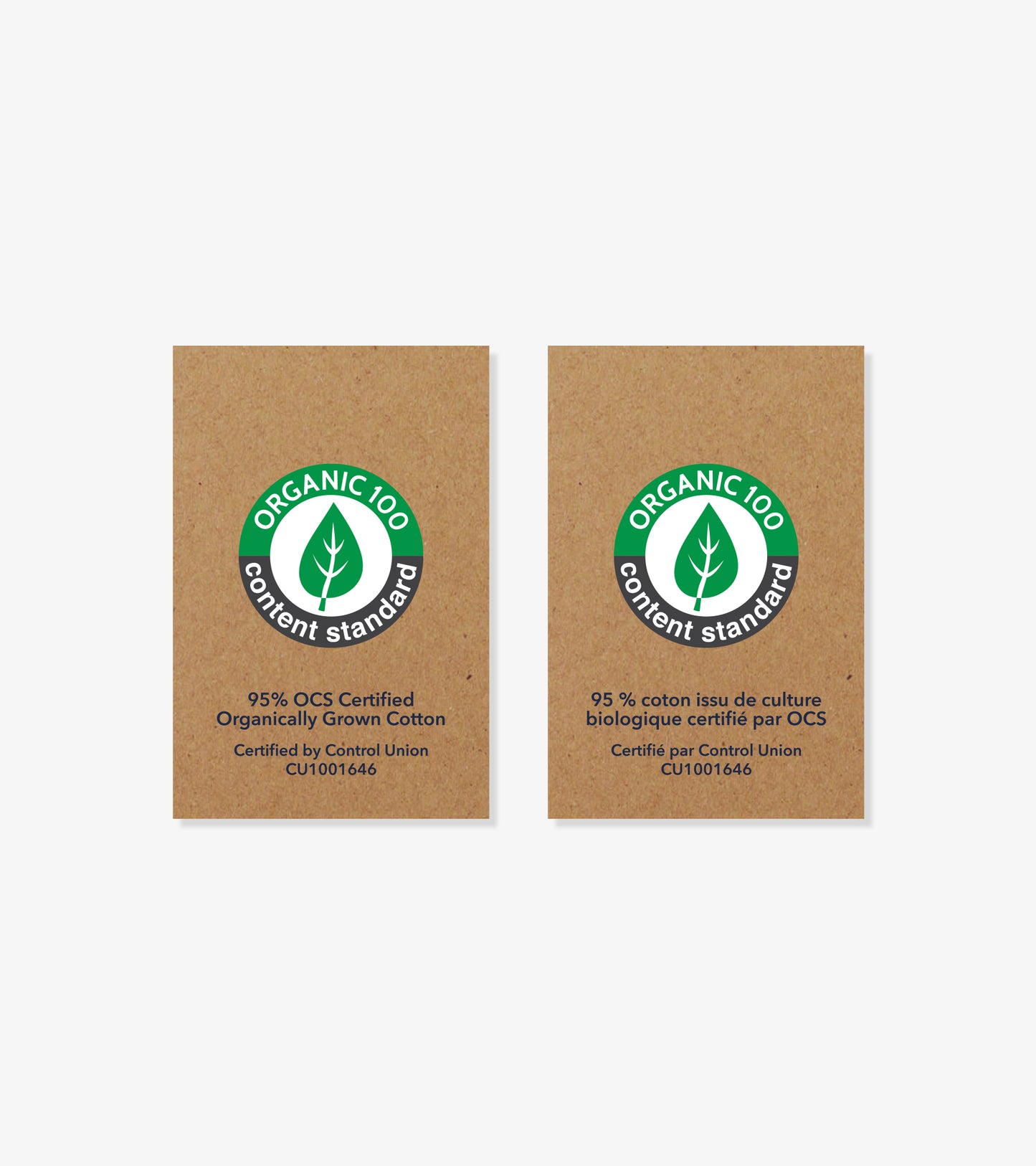 Two organic cotton certification labels on brown cardboard background, one in English and one in French