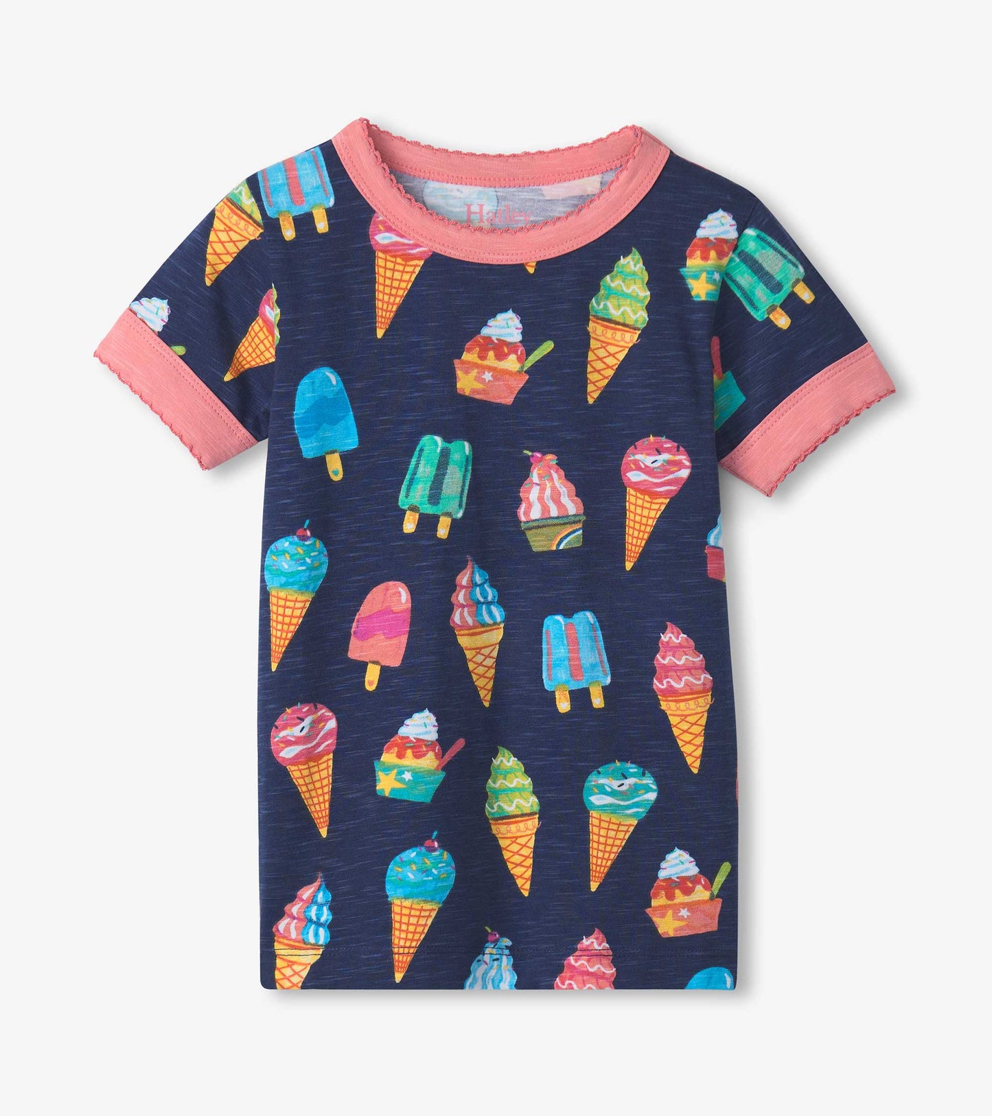 Navy short pyjama set featuring colorful ice cream and popsicle prints with pink trim on sleeves.