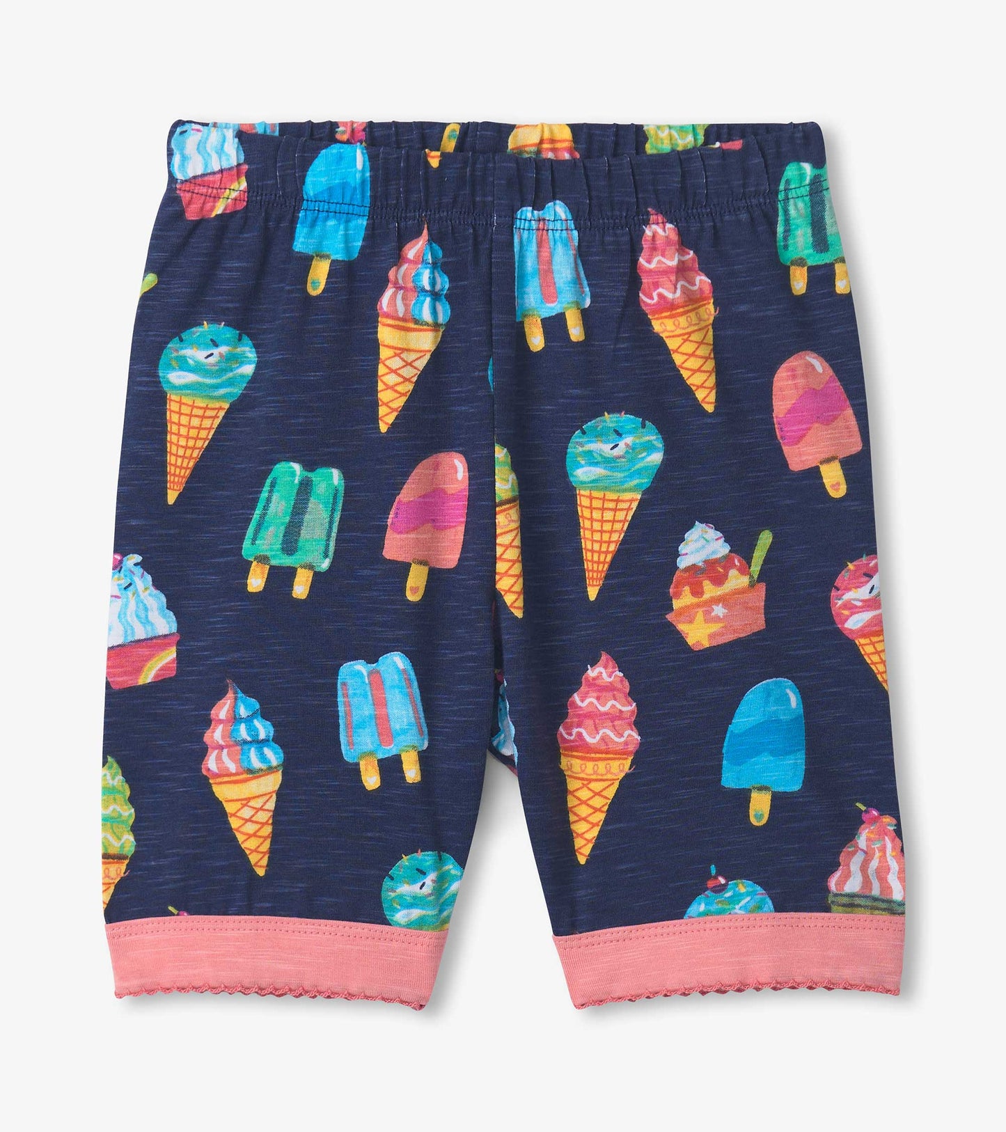 Navy short pyjama set featuring colorful ice cream cone and treat patterns with a pink trim at the hem.