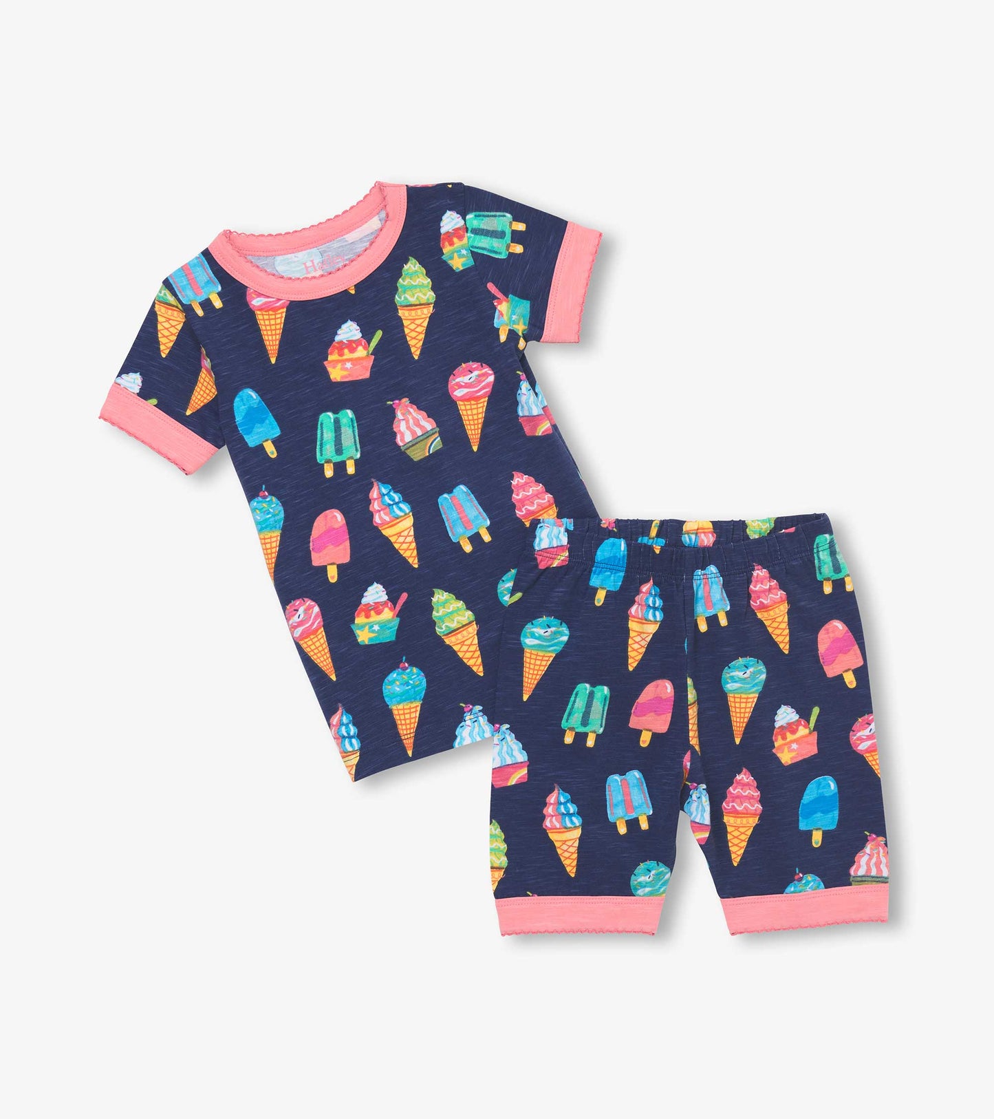 Navy short pyjama set featuring colorful ice cream cone and popsicle patterns with pink trim on sleeves and shorts.