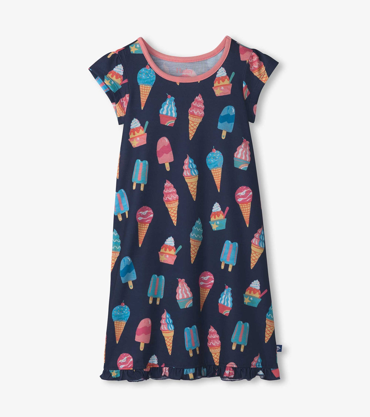 Navy nightdress featuring colorful ice cream cone and popsicle patterns, with short sleeves and a ruffled hem.