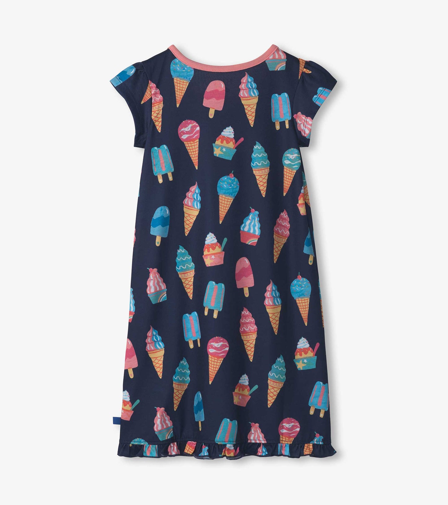 Navy nightdress featuring colorful ice cream cone and popsicle patterns, with short sleeves and a ruffled hem.