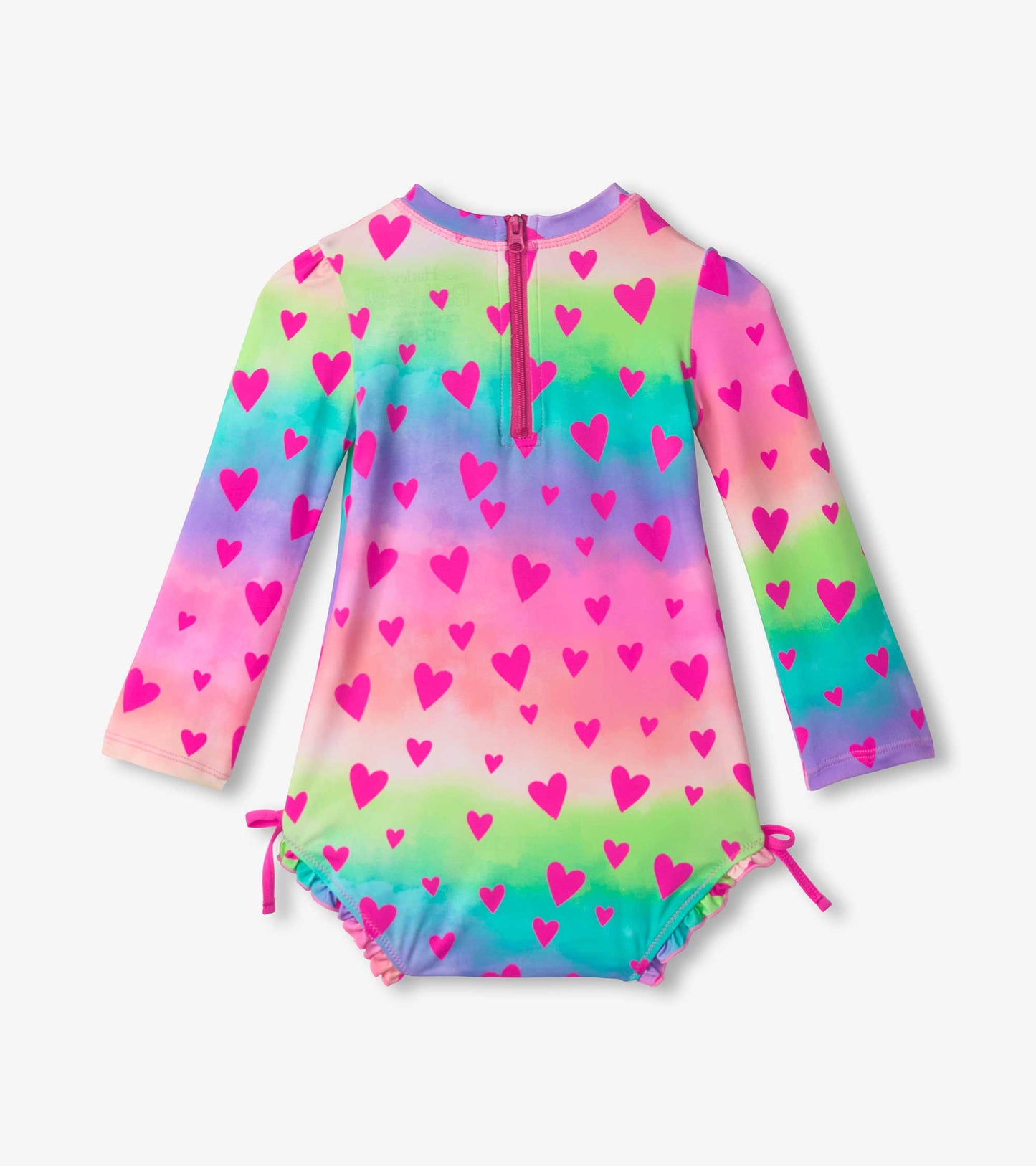 Long-sleeve swimsuit featuring a colorful gradient pattern with pink hearts, designed for baby girls.