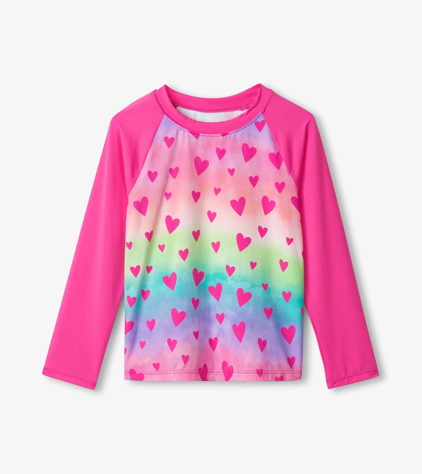 Long sleeve rashguard featuring a colorful gradient with pink hearts on a light background and bright pink sleeves.