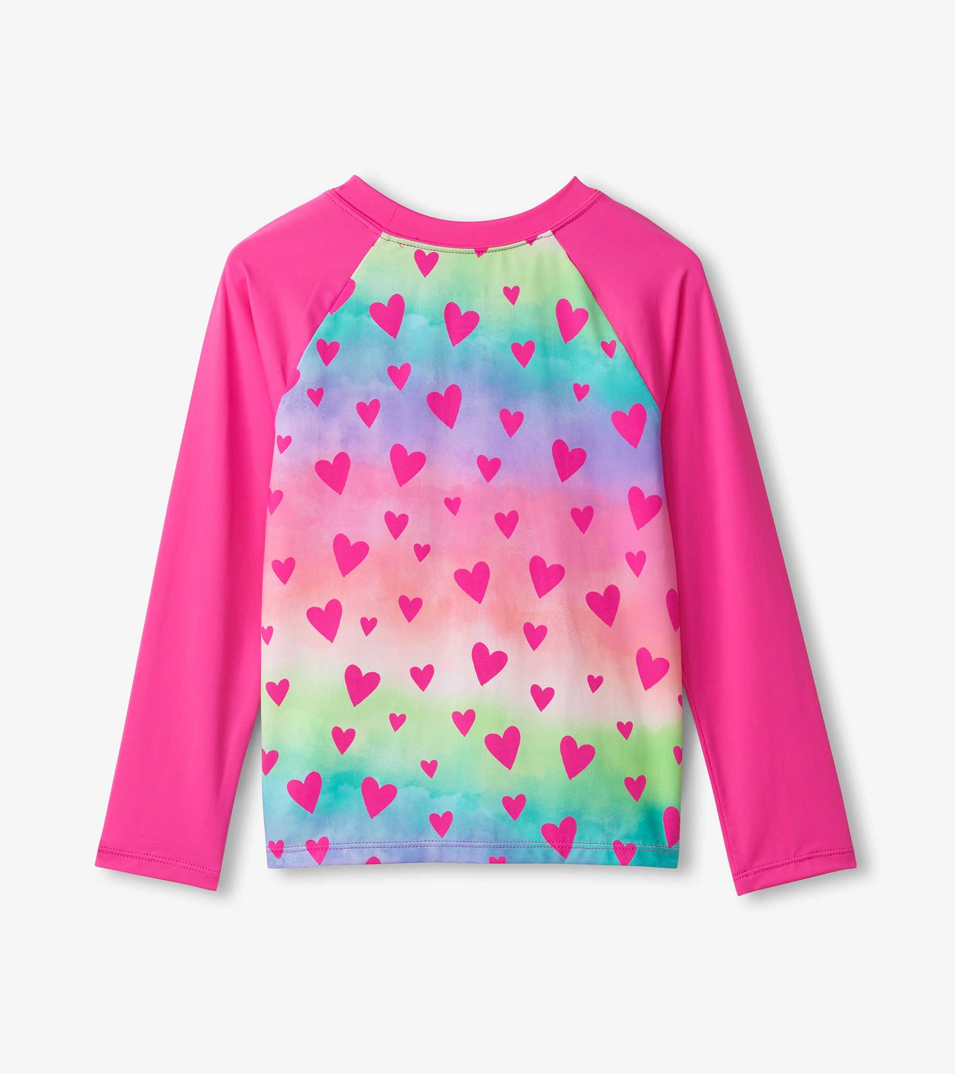 Long sleeve rashguard featuring a colorful gradient with pink hearts on a light background and bright pink sleeves.