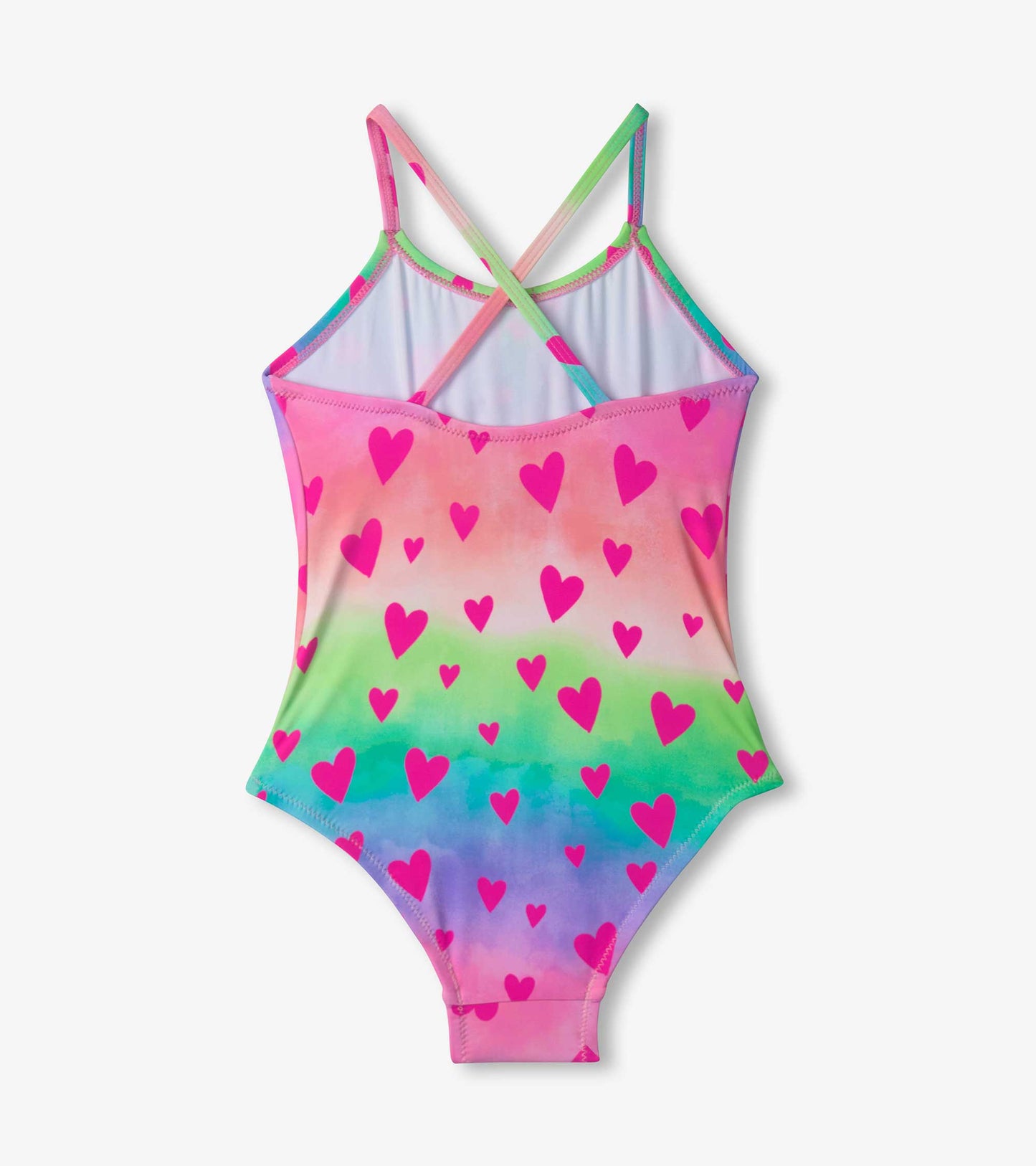 Colorful swimsuit featuring a ruched front and a kaleidoscope of pink hearts on a gradient background.
