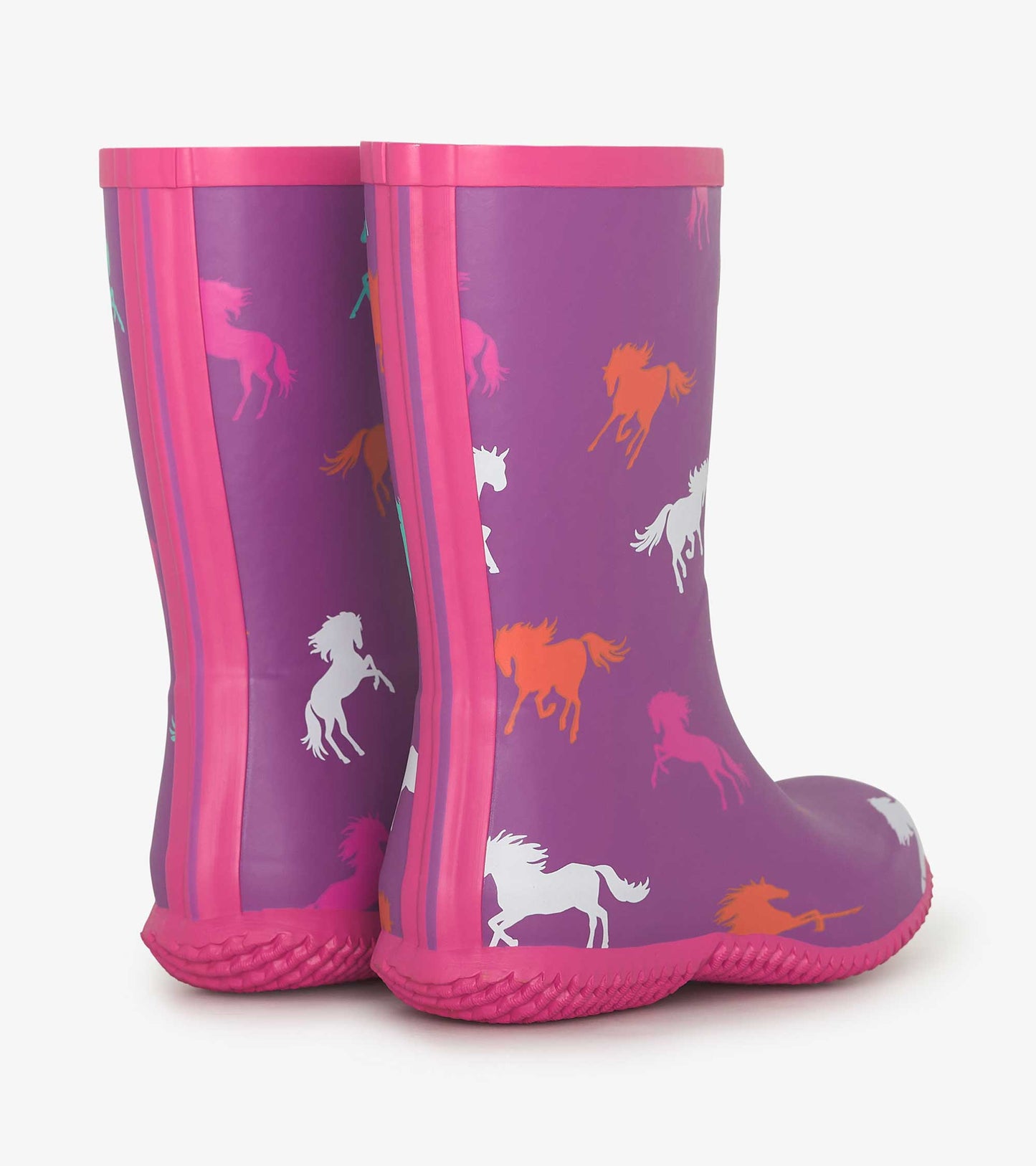 Purple waterproof wellies featuring colorful leaping horse patterns and pink accents, ideal for kids.