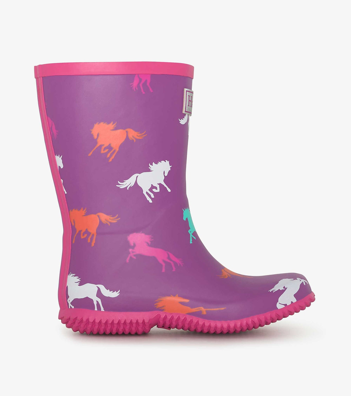Purple waterproof wellies featuring colorful leaping horse patterns and a pink trim, designed for kids.
