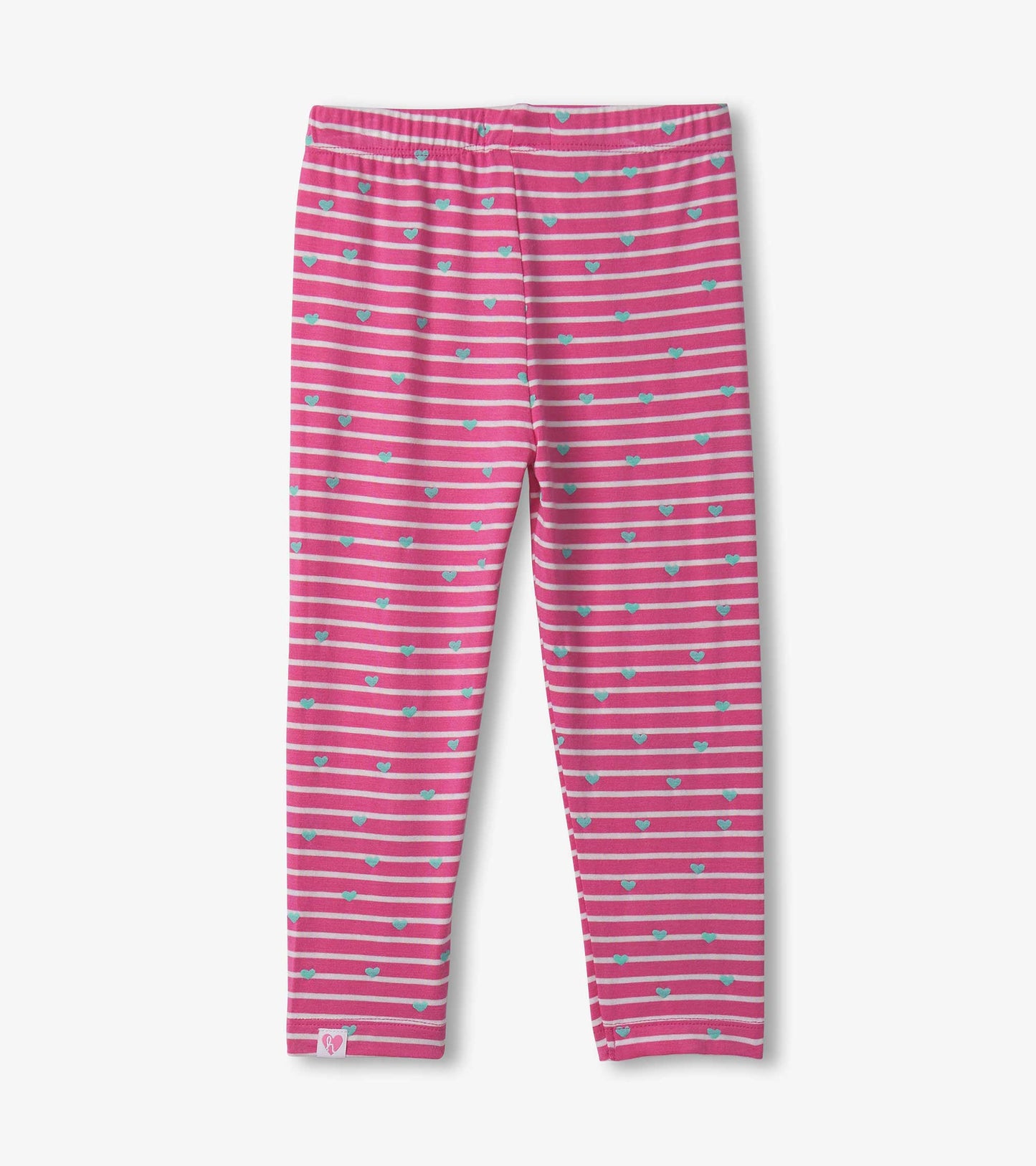 Pink striped leggings with small blue hearts, made from stretch bamboo fabric, suitable for baby and toddler girls.
