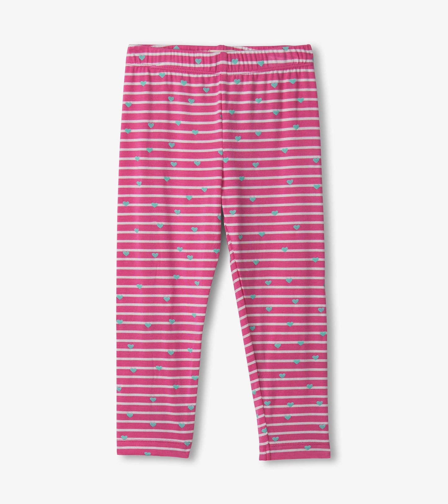 Pink striped leggings featuring small blue hearts, made from soft stretch bamboo fabric, suitable for baby and toddler girls.