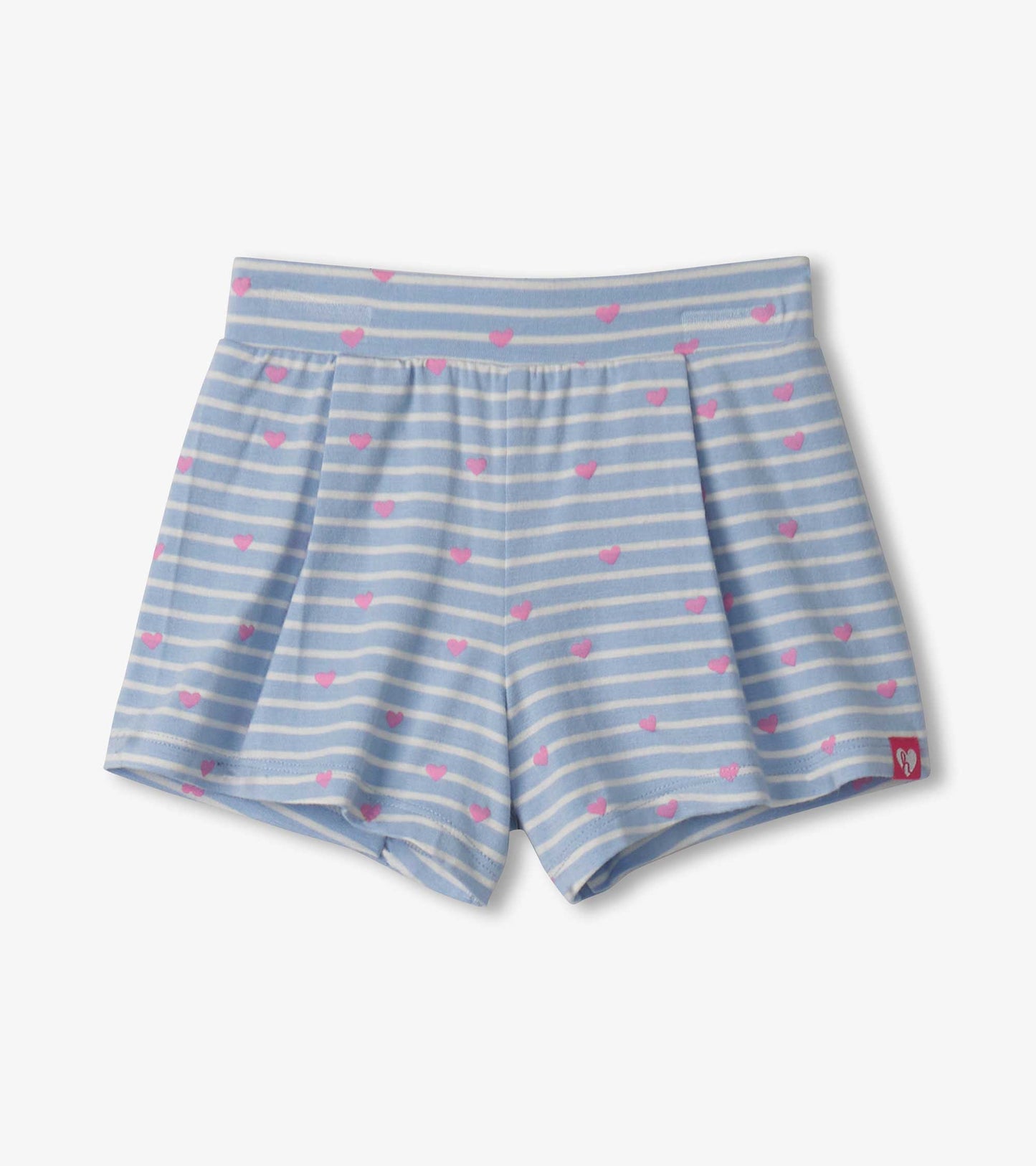 Blue striped shorts with pink heart patterns, featuring a comfortable waistband and a relaxed fit for toddlers.
