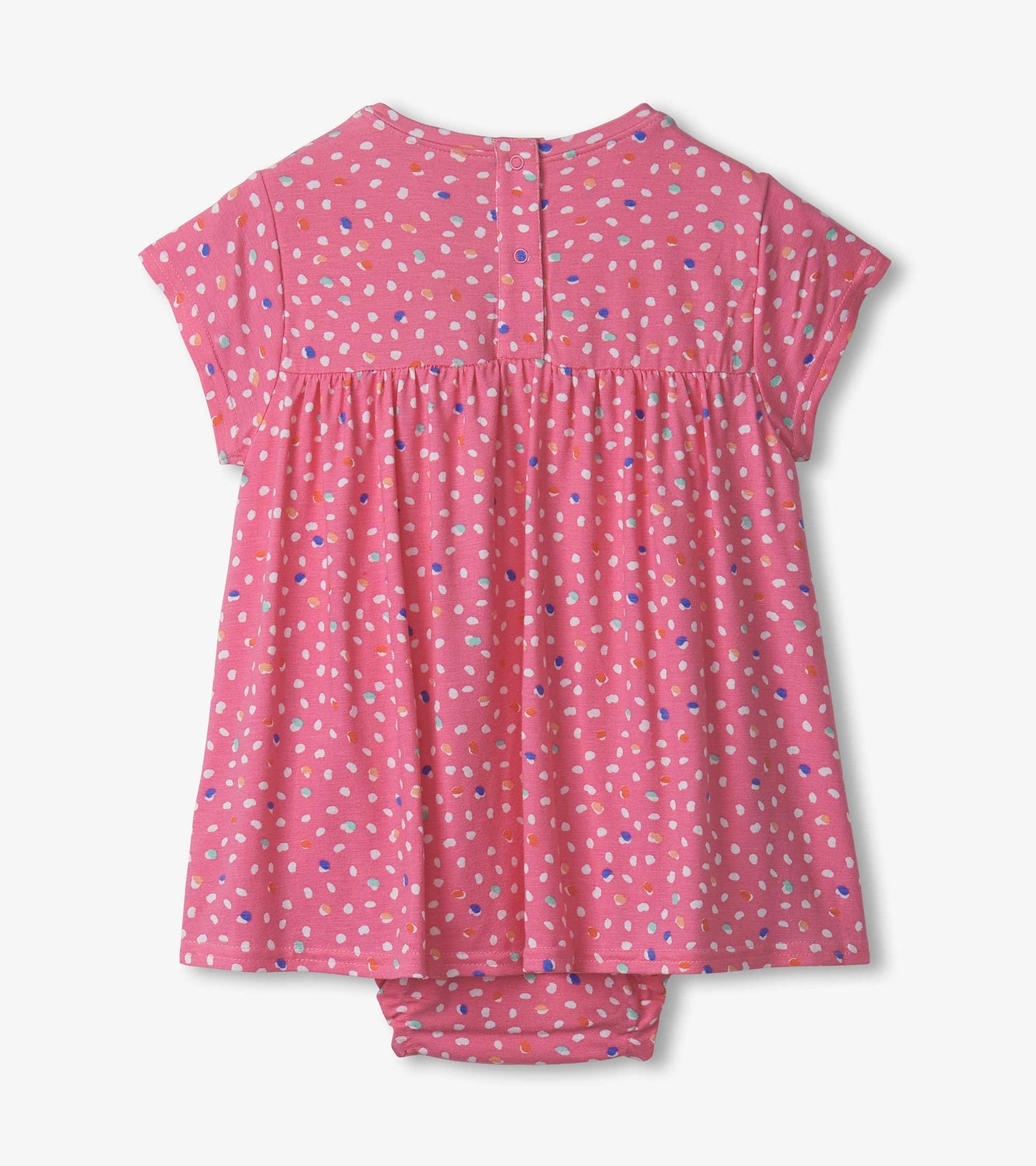 Pink one-piece dress with colorful dot pattern, short sleeves, and gathered waist, featuring a button closure at the back.