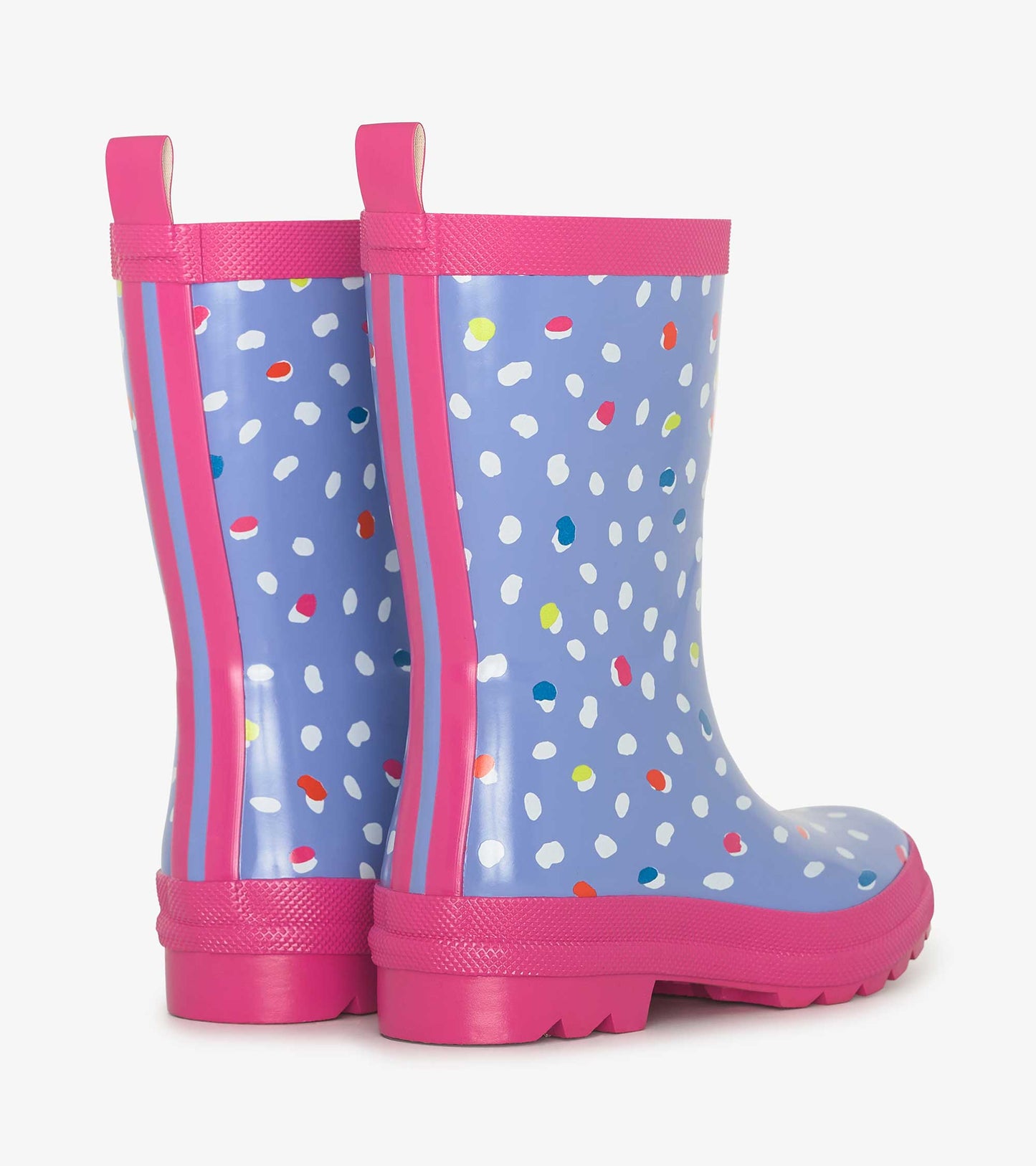 Shiny blue wellies with colorful polka dots and pink accents, featuring a textured sole and pull tabs for easy wear.
