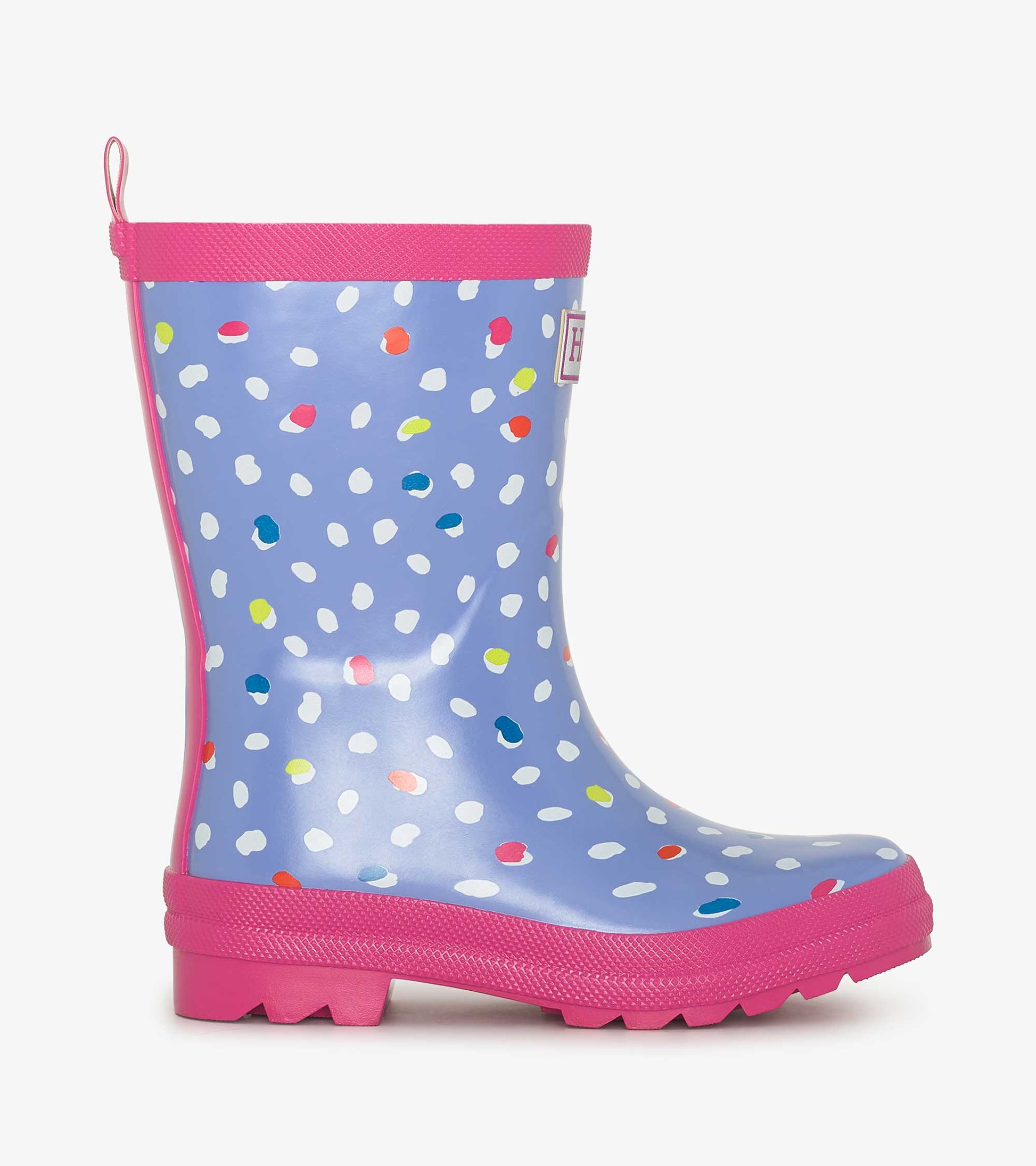 Shiny blue wellies with colorful polka dots and a pink sole, featuring a pull tab for easy wear.
