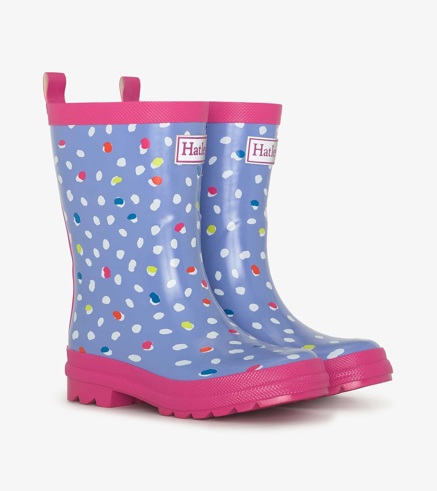 Blue shiny wellies with colorful polka dots and pink soles, featuring pull tabs for easy wear.