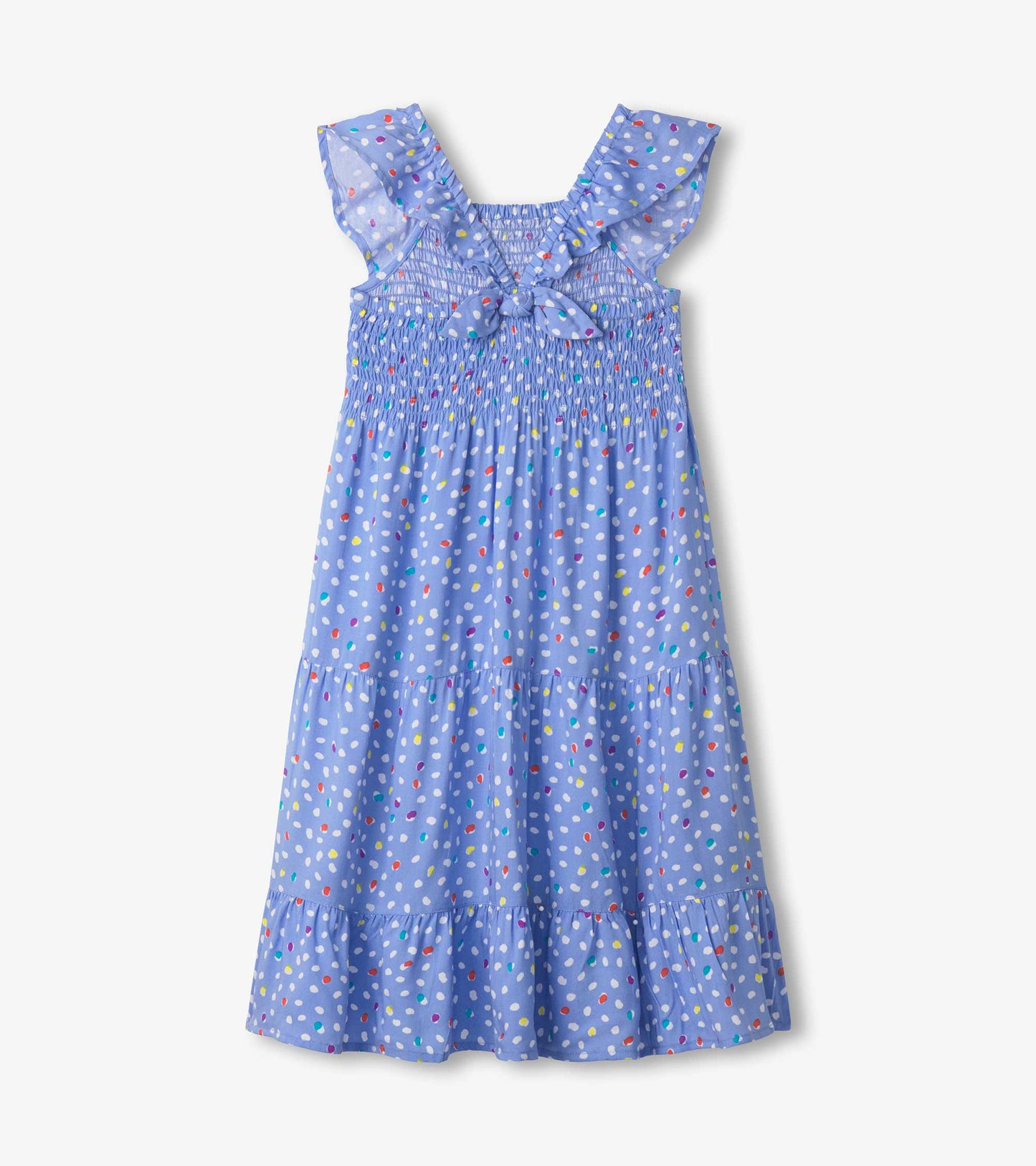 Light blue smocked dress with colorful polka dots, ruffled sleeves, and tiered skirt design.