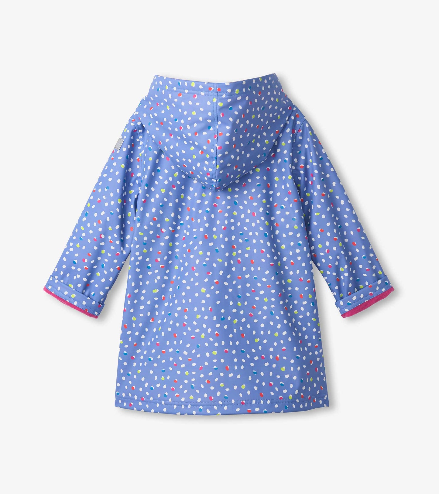 Blue button-up raincoat with a colorful polka dot pattern and a hood, featuring long sleeves and a relaxed fit.