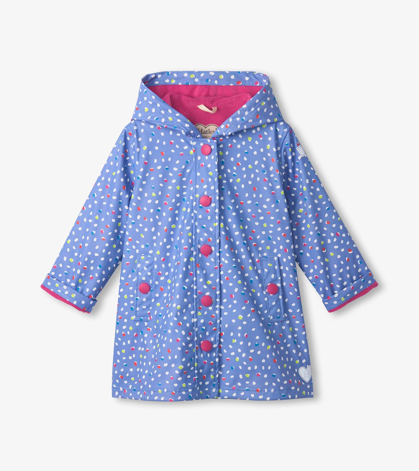 Blue button-up raincoat with colorful polka dots, pink accents, and a hood, featuring two front pockets.