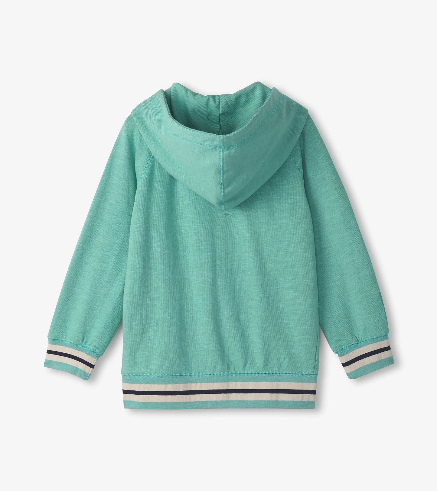 Nile blue zip-up hoodie with a hood and striped cuffs, featuring a soft, lightweight fabric.