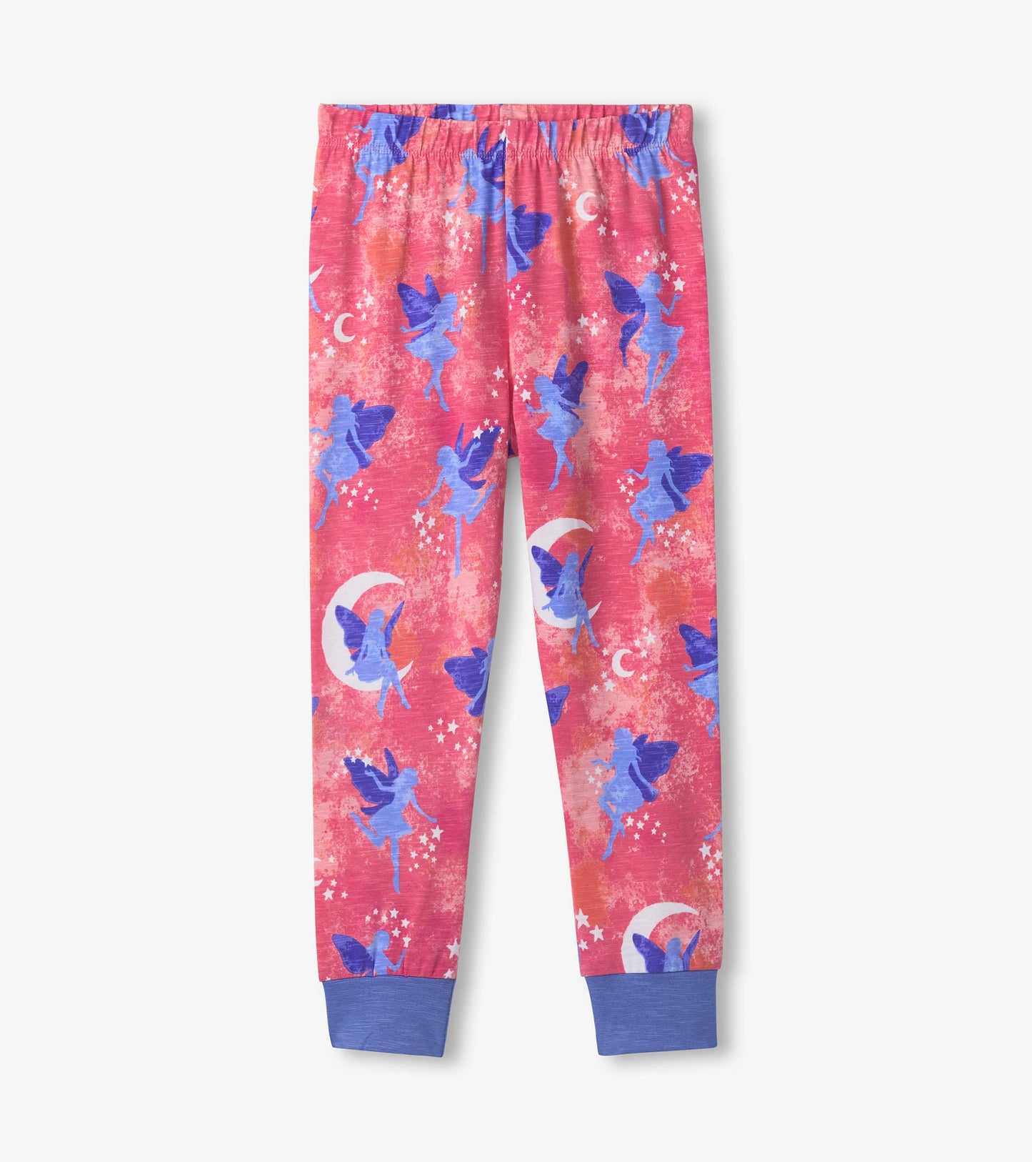 Pink pajama pants featuring blue fairies, moons, and stars, with a comfortable elastic waistband and cuffed ankles.