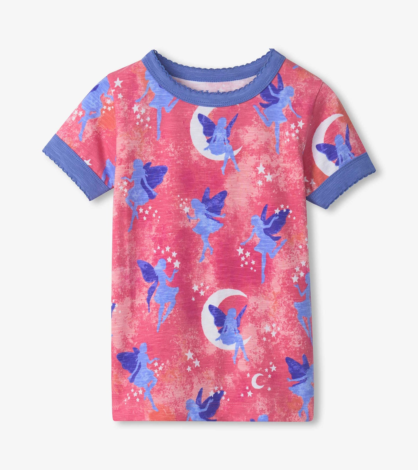 Short pyjama set featuring a pink background with blue fairies and stars, accented with blue trim on the sleeves.
