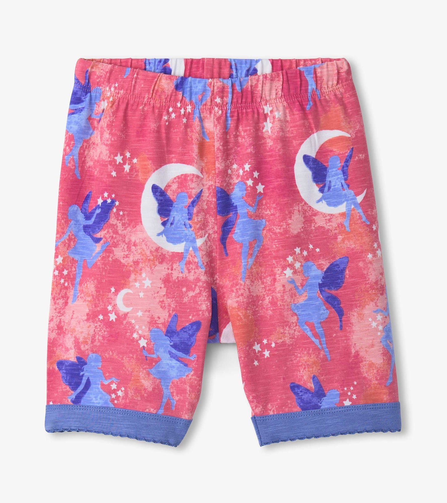 Pink short pyjama set featuring blue fairies, moons, and stars with an elastic waistband and scalloped hem.