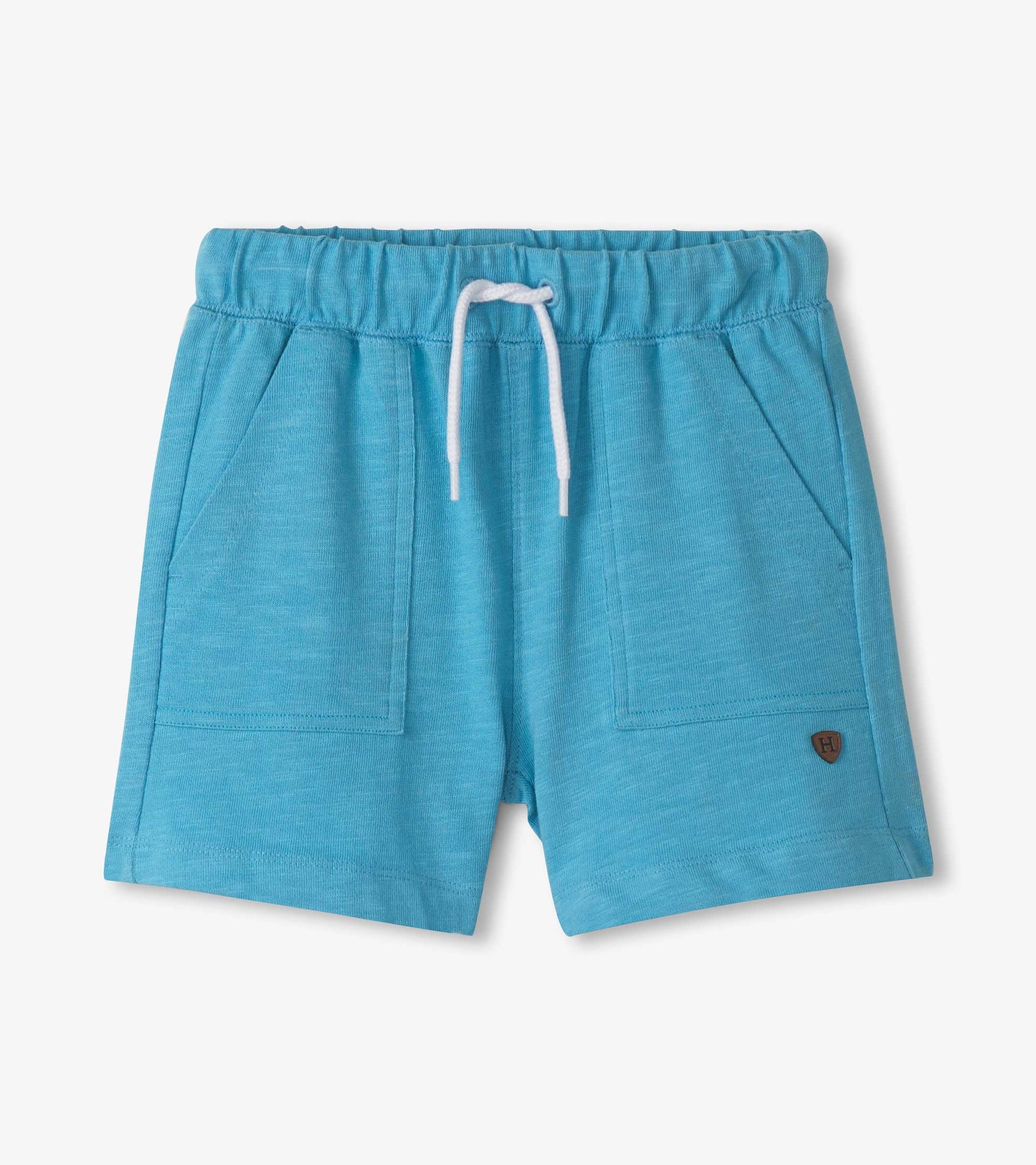 Aqua blue relaxed shorts with an elastic waistband, drawstring, and two front pockets.